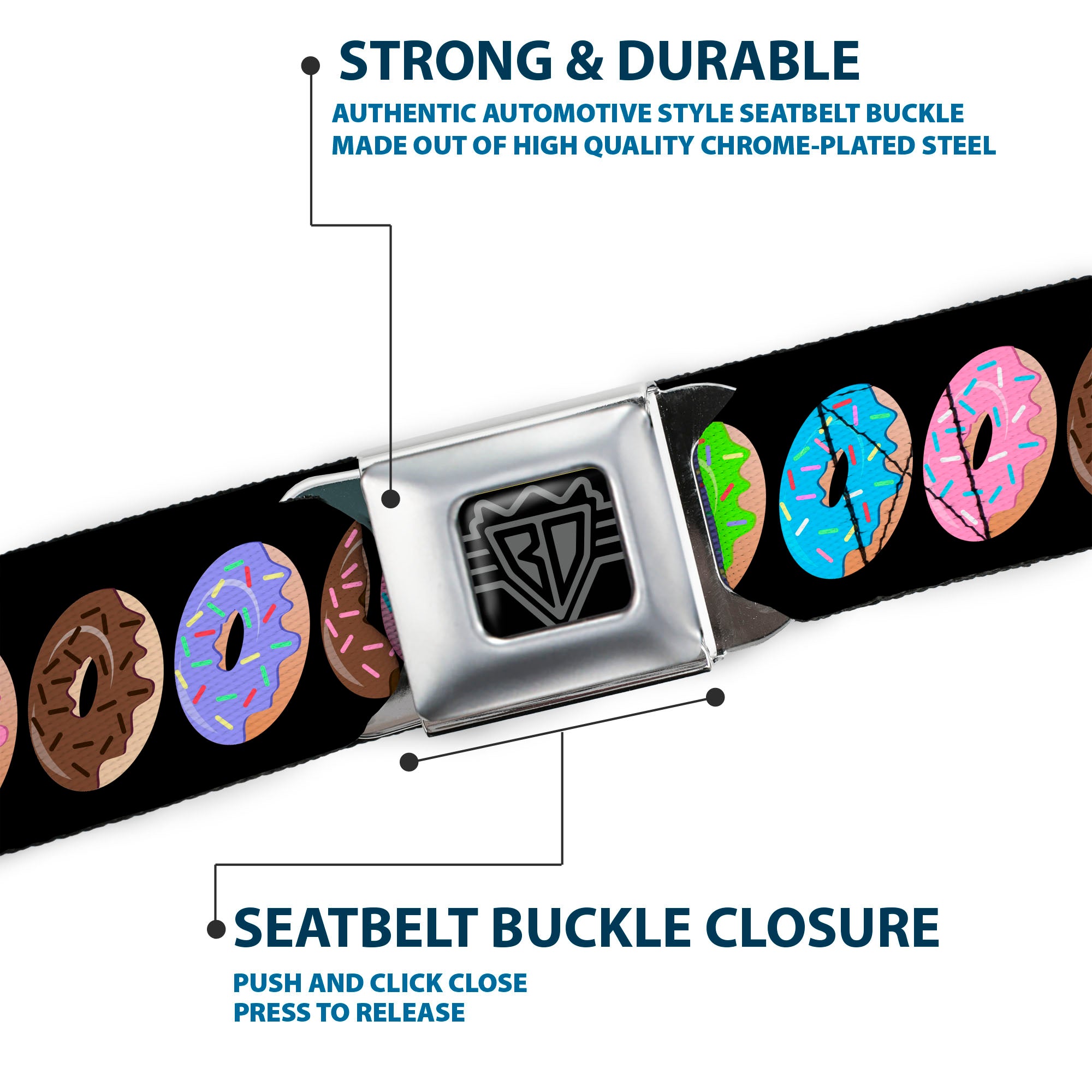 BD Wings Logo CLOSE-UP Full Color Black Silver Seatbelt Belt - Sprinkle Donuts Black/Multi Color Webbing Seatbelt Belts Buckle-Down
