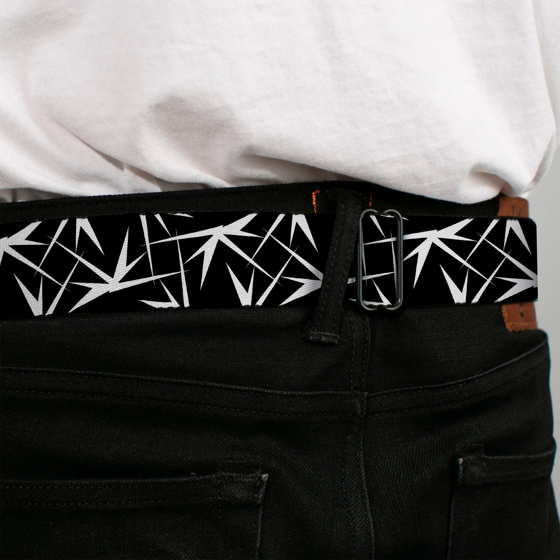 BD Wings Logo CLOSE-UP Full Color Black Silver Seatbelt Belt - Spikes Scattered Black/White Webbing Seatbelt Belts Buckle-Down