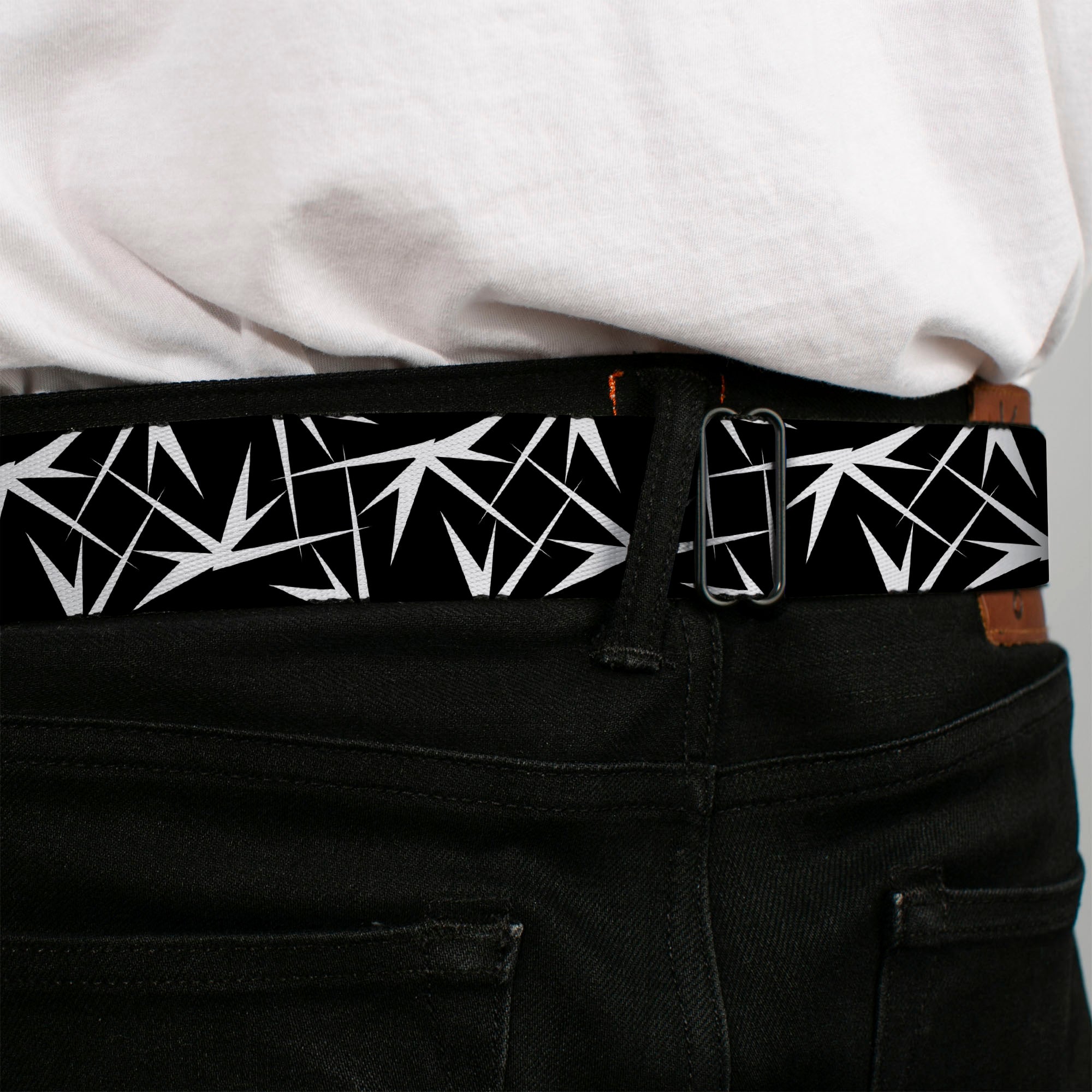 BD Wings Logo CLOSE-UP Full Color Black Silver Seatbelt Belt - Spikes Scattered Black/White Webbing Seatbelt Belts Buckle-Down