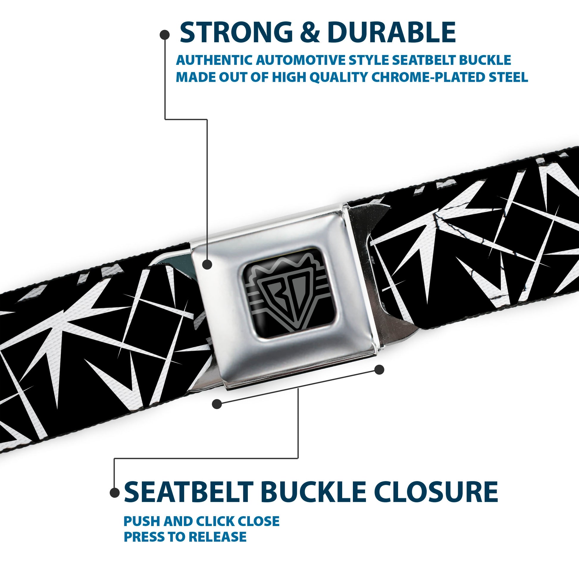 BD Wings Logo CLOSE-UP Full Color Black Silver Seatbelt Belt - Spikes Scattered Black/White Webbing Seatbelt Belts Buckle-Down