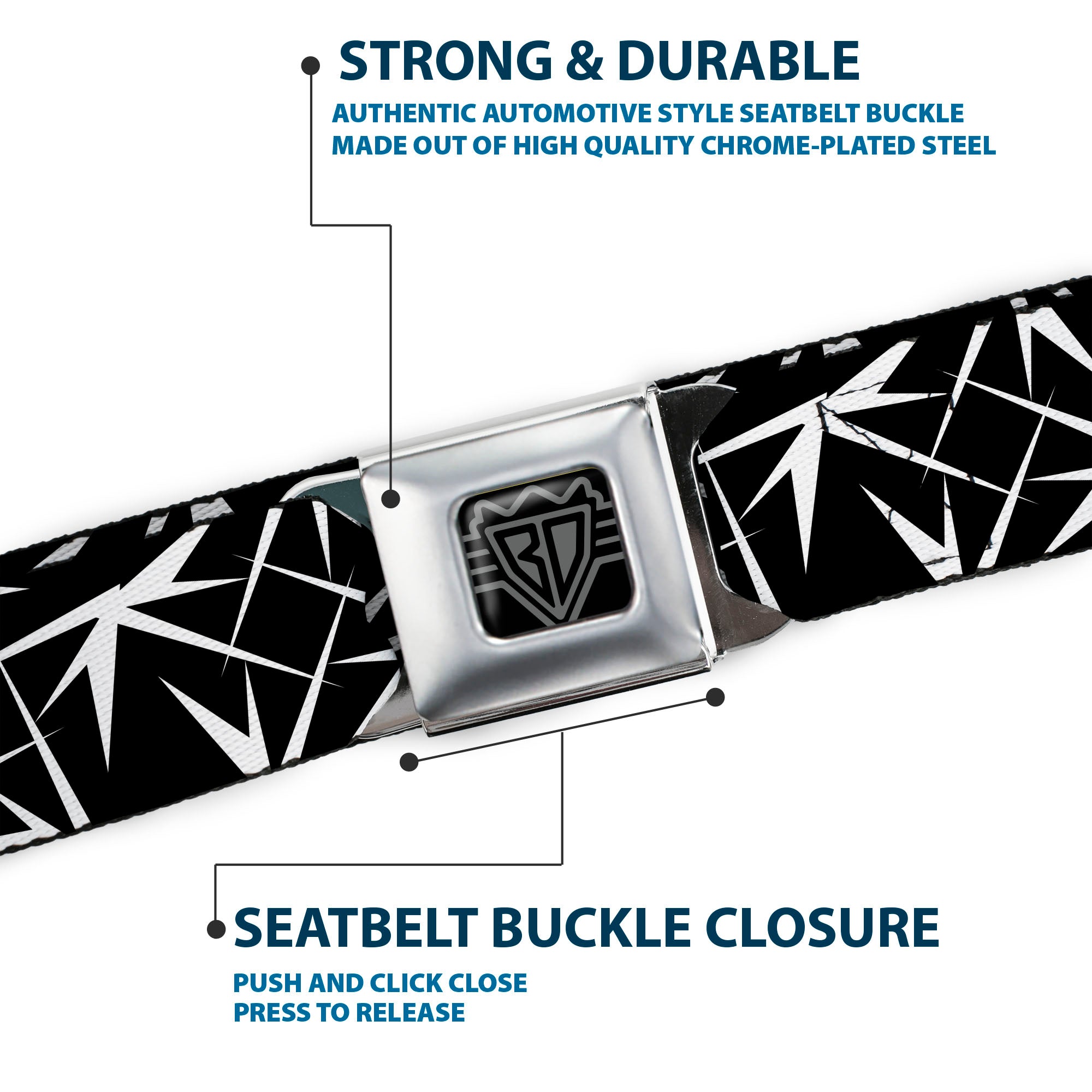 BD Wings Logo CLOSE-UP Full Color Black Silver Seatbelt Belt - Spikes Scattered Black/White Webbing Seatbelt Belts Buckle-Down