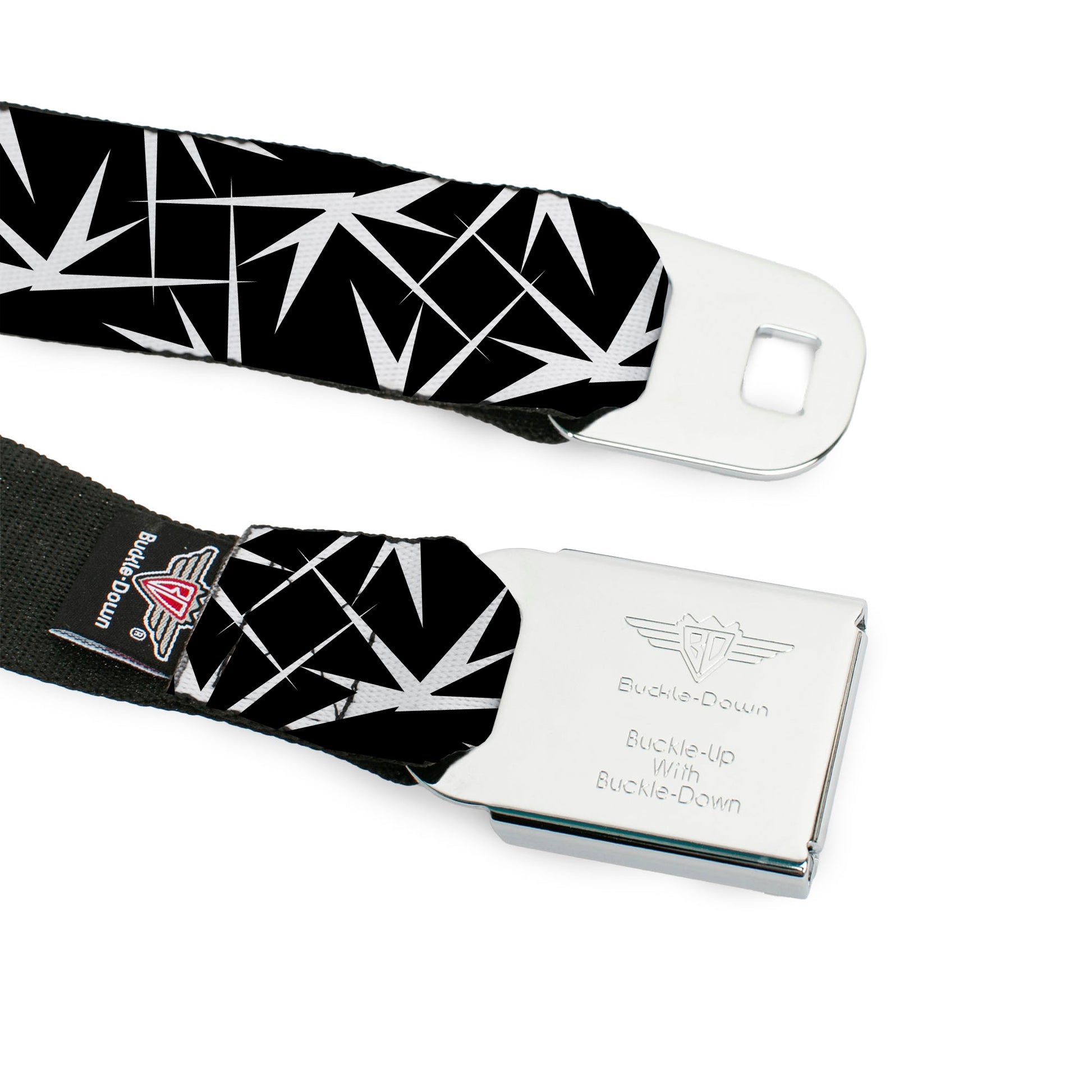 BD Wings Logo CLOSE-UP Full Color Black Silver Seatbelt Belt - Spikes Scattered Black/White Webbing Seatbelt Belts Buckle-Down