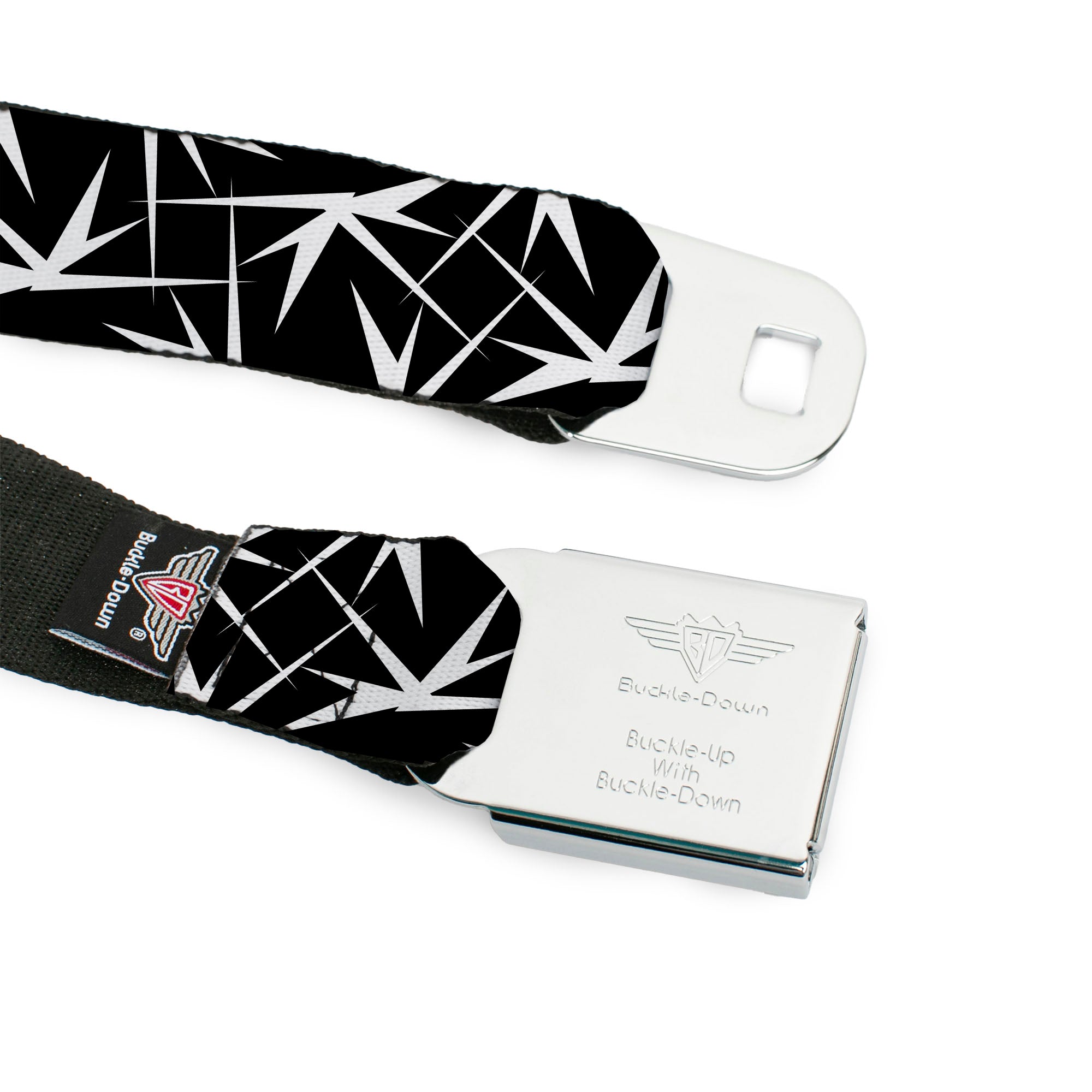 BD Wings Logo CLOSE-UP Full Color Black Silver Seatbelt Belt - Spikes Scattered Black/White Webbing Seatbelt Belts Buckle-Down