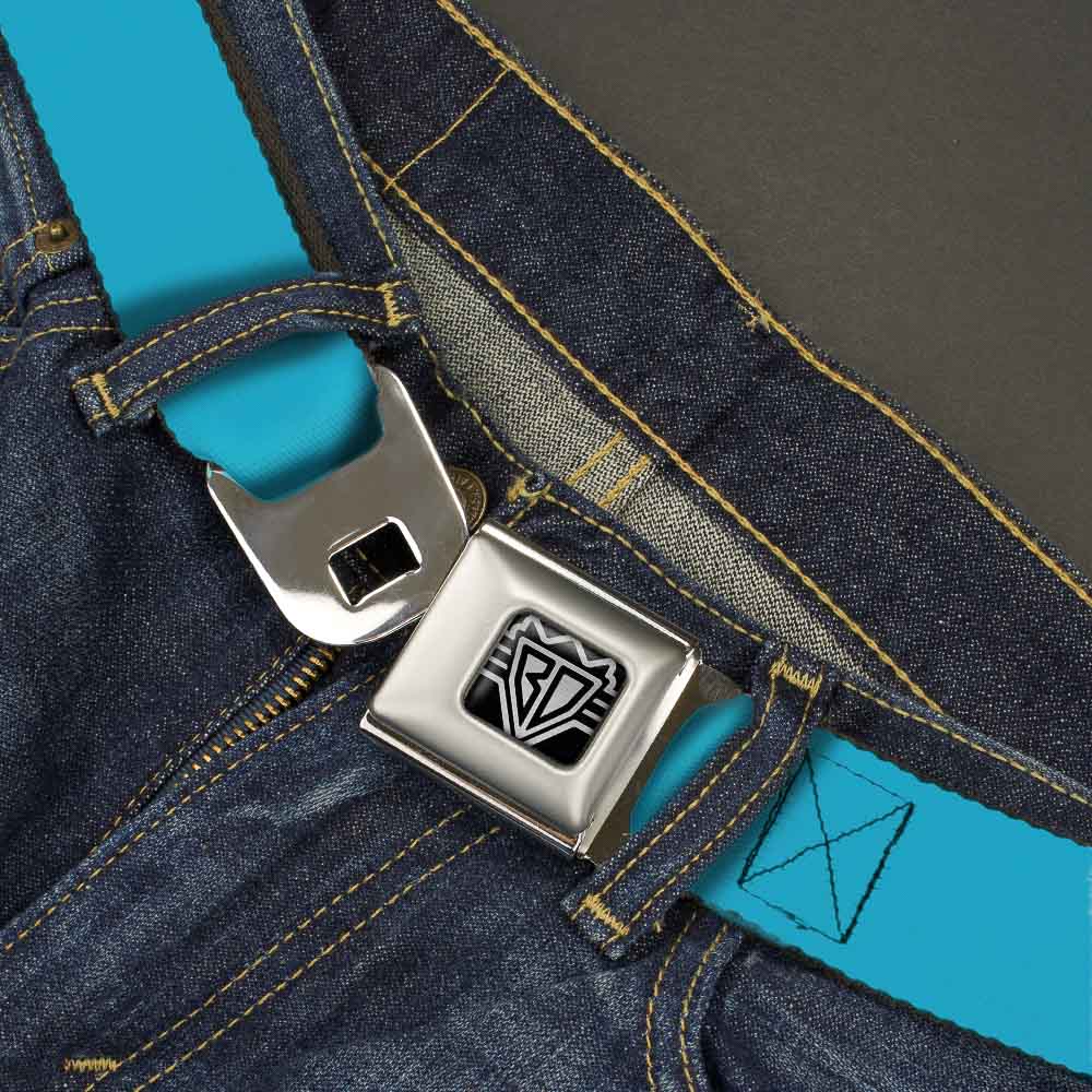 BD Wings Logo CLOSE-UP Full Color Black Silver Seatbelt Belt - Solid Water Blue Webbing Seatbelt Belts Buckle-Down