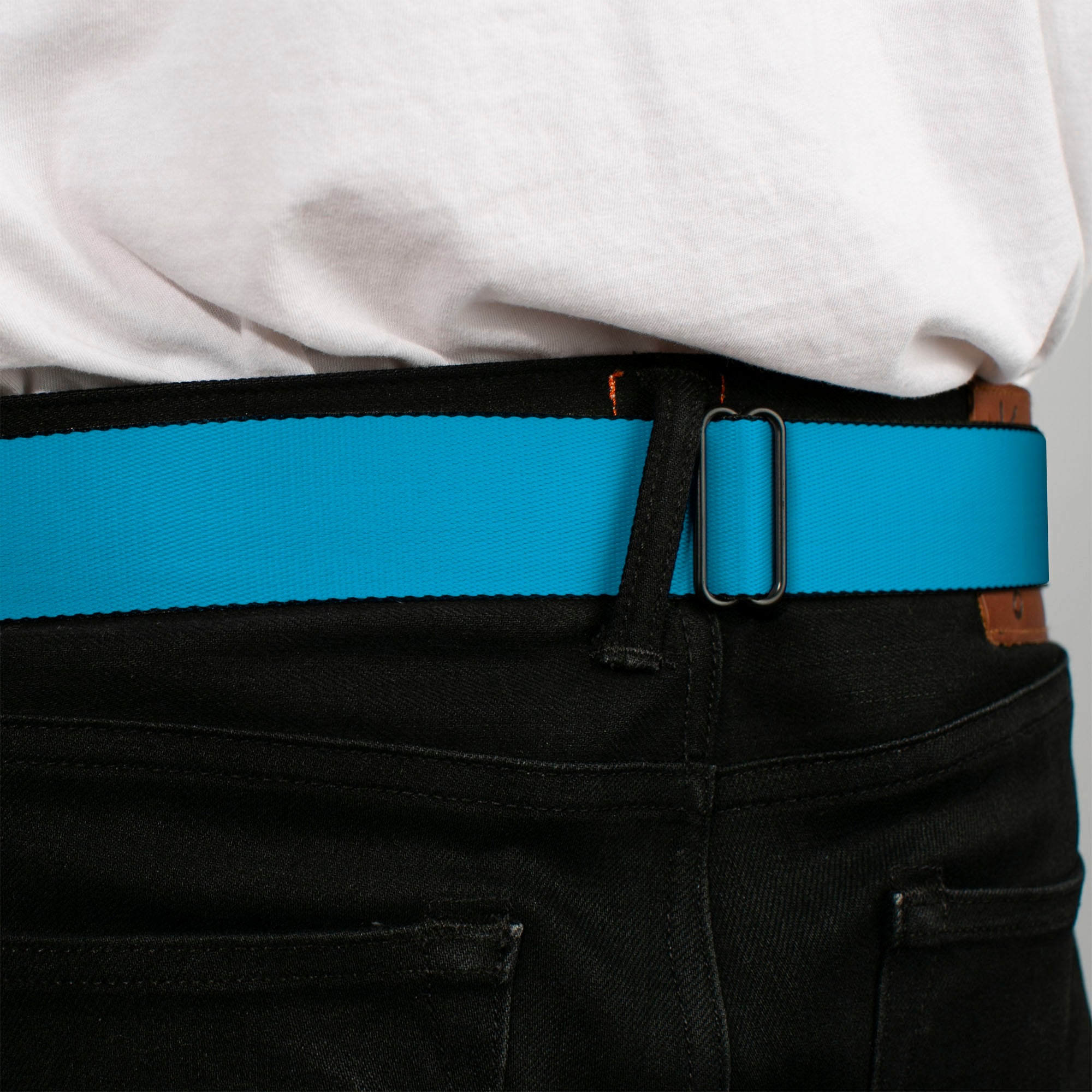 BD Wings Logo CLOSE-UP Full Color Black Silver Seatbelt Belt - Solid Water Blue Webbing Seatbelt Belts Buckle-Down