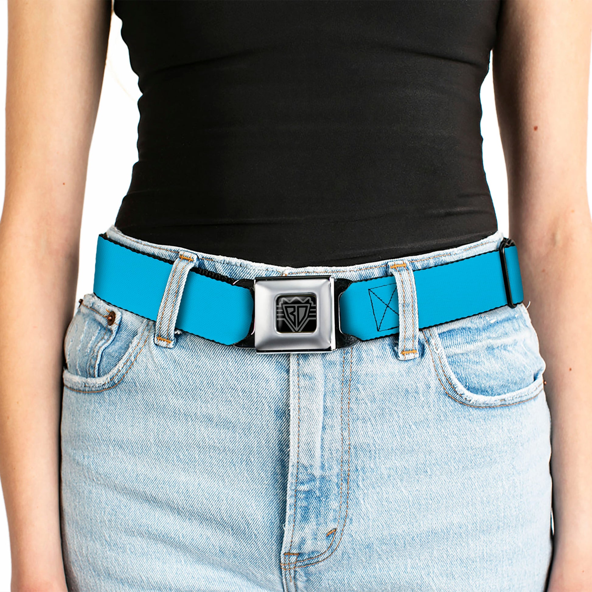 BD Wings Logo CLOSE-UP Full Color Black Silver Seatbelt Belt - Solid Water Blue Webbing Seatbelt Belts Buckle-Down