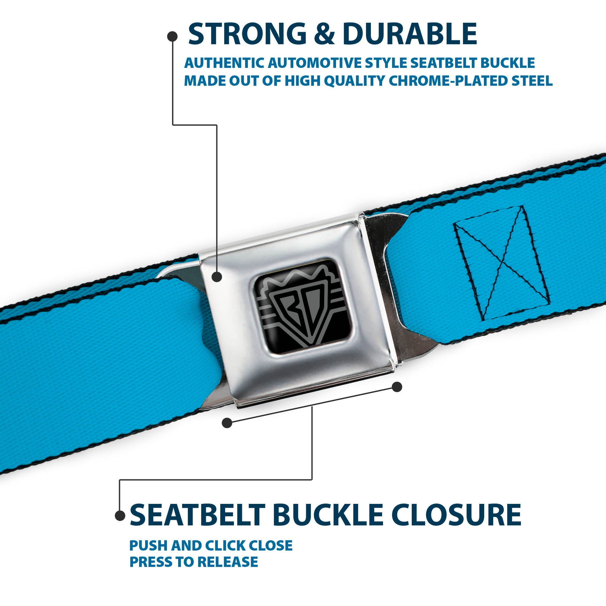 BD Wings Logo CLOSE-UP Full Color Black Silver Seatbelt Belt - Solid Water Blue Webbing Seatbelt Belts Buckle-Down