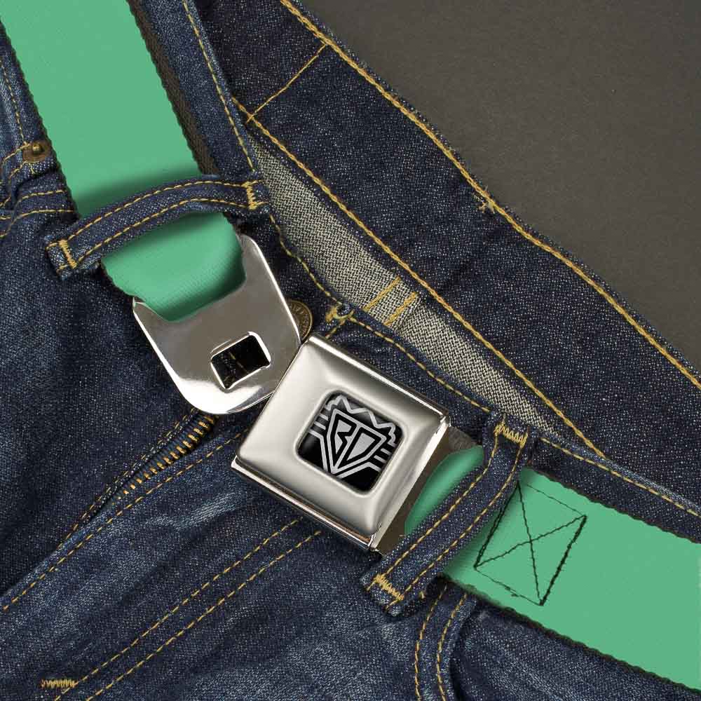 BD Wings Logo CLOSE-UP Full Color Black Silver Seatbelt Belt - Solid Rainforest Green Webbing Seatbelt Belts Buckle-Down