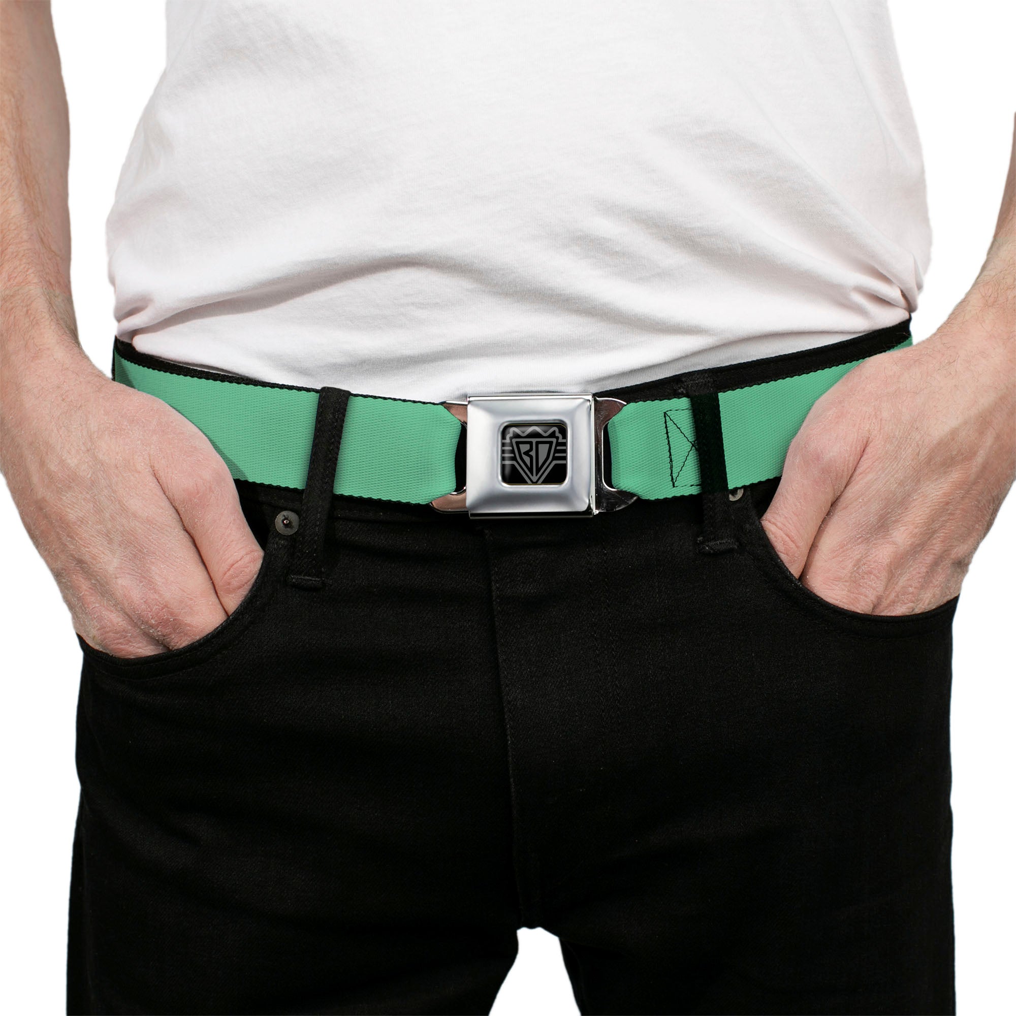 BD Wings Logo CLOSE-UP Full Color Black Silver Seatbelt Belt - Solid Rainforest Green Webbing Seatbelt Belts Buckle-Down