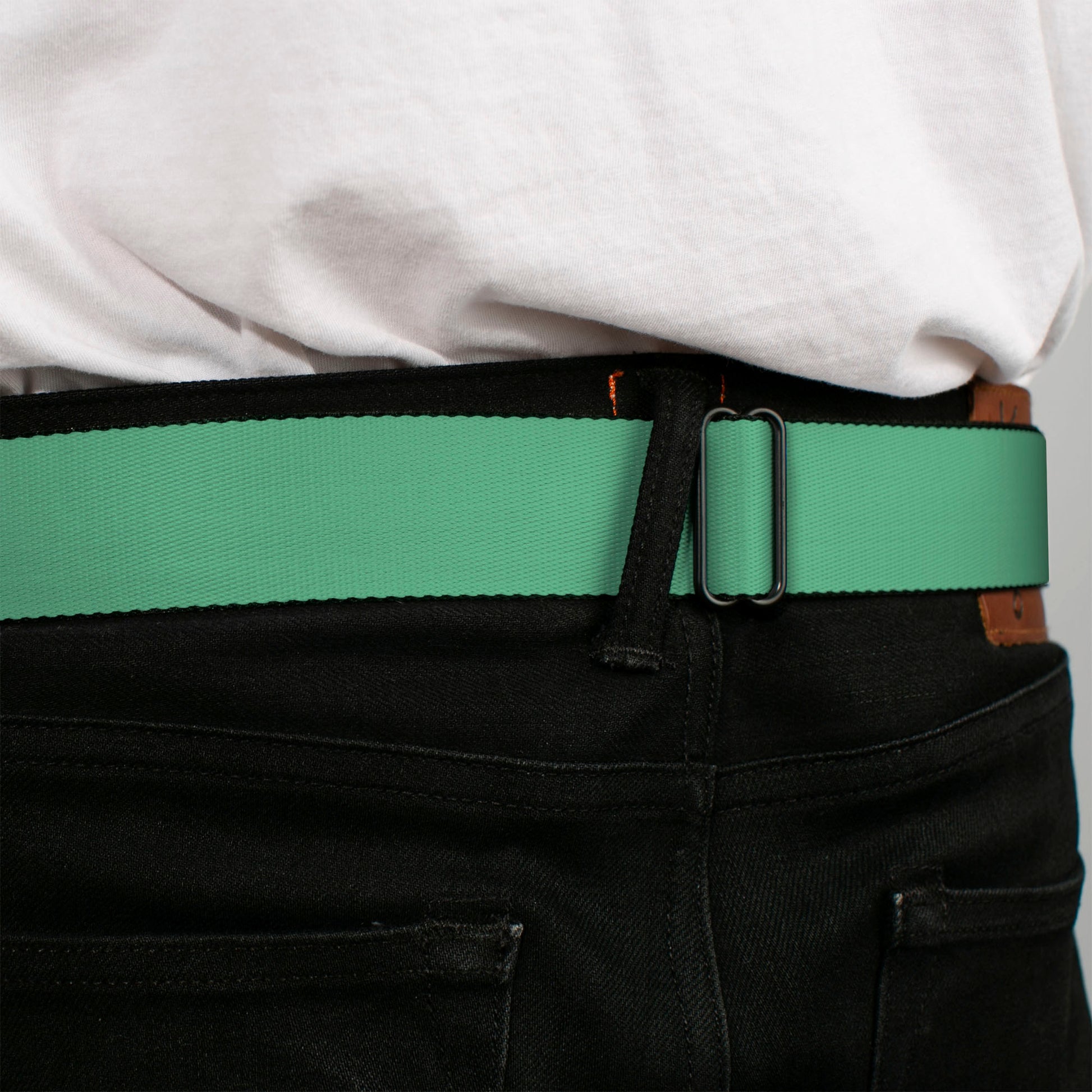 BD Wings Logo CLOSE-UP Full Color Black Silver Seatbelt Belt - Solid Rainforest Green Webbing Seatbelt Belts Buckle-Down