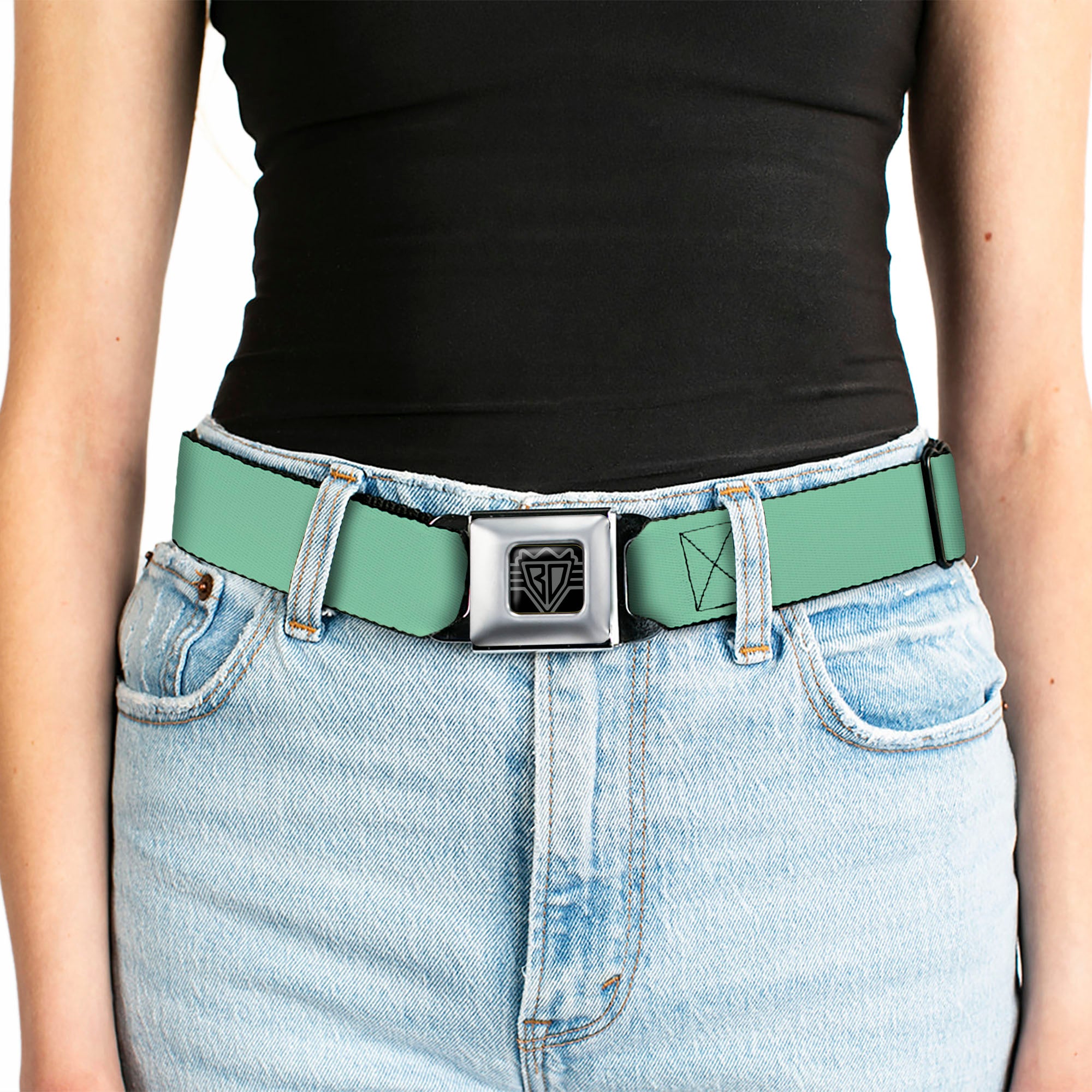 BD Wings Logo CLOSE-UP Full Color Black Silver Seatbelt Belt - Solid Rainforest Green Webbing Seatbelt Belts Buckle-Down