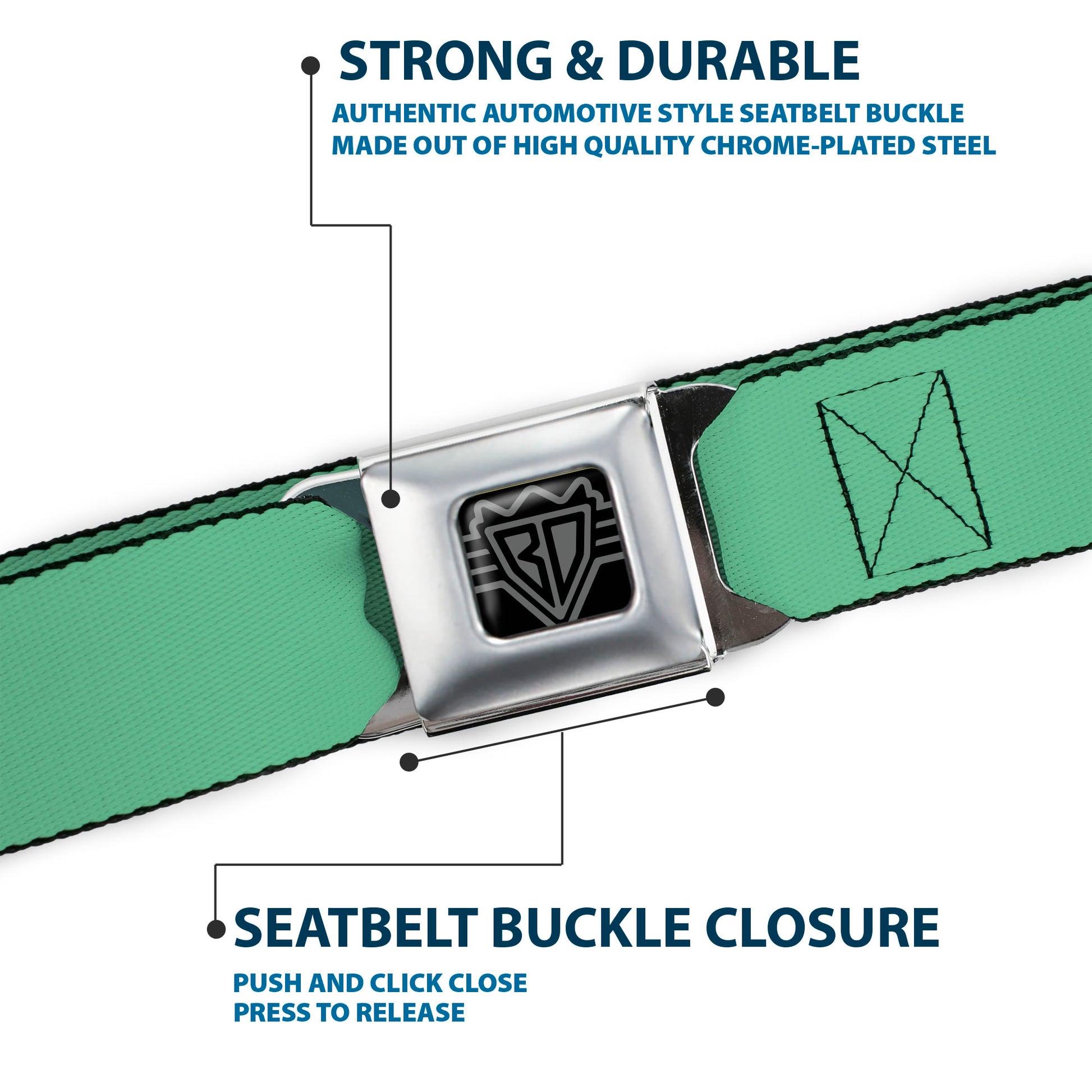 BD Wings Logo CLOSE-UP Full Color Black Silver Seatbelt Belt - Solid Rainforest Green Webbing Seatbelt Belts Buckle-Down