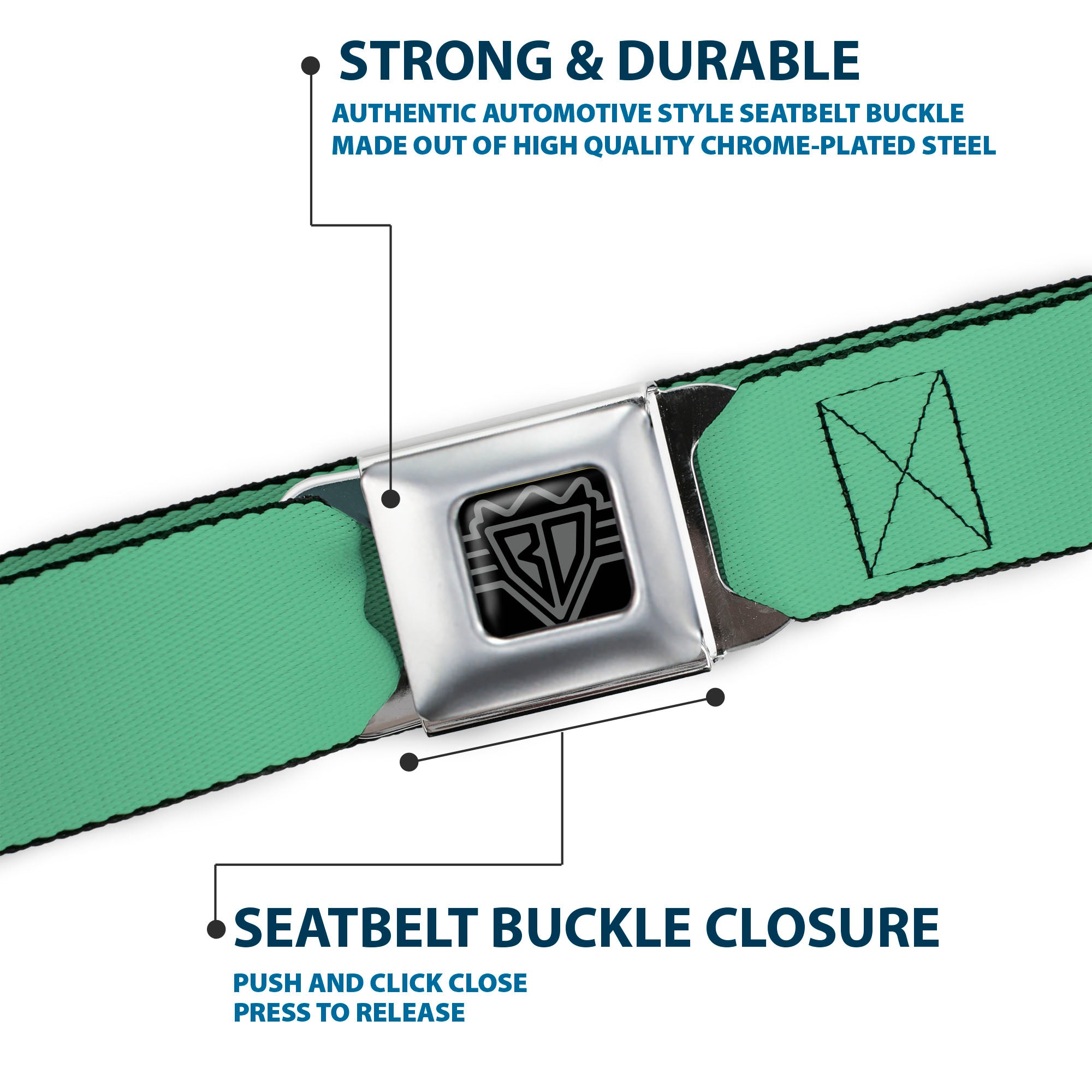BD Wings Logo CLOSE-UP Full Color Black Silver Seatbelt Belt - Solid Rainforest Green Webbing Seatbelt Belts Buckle-Down