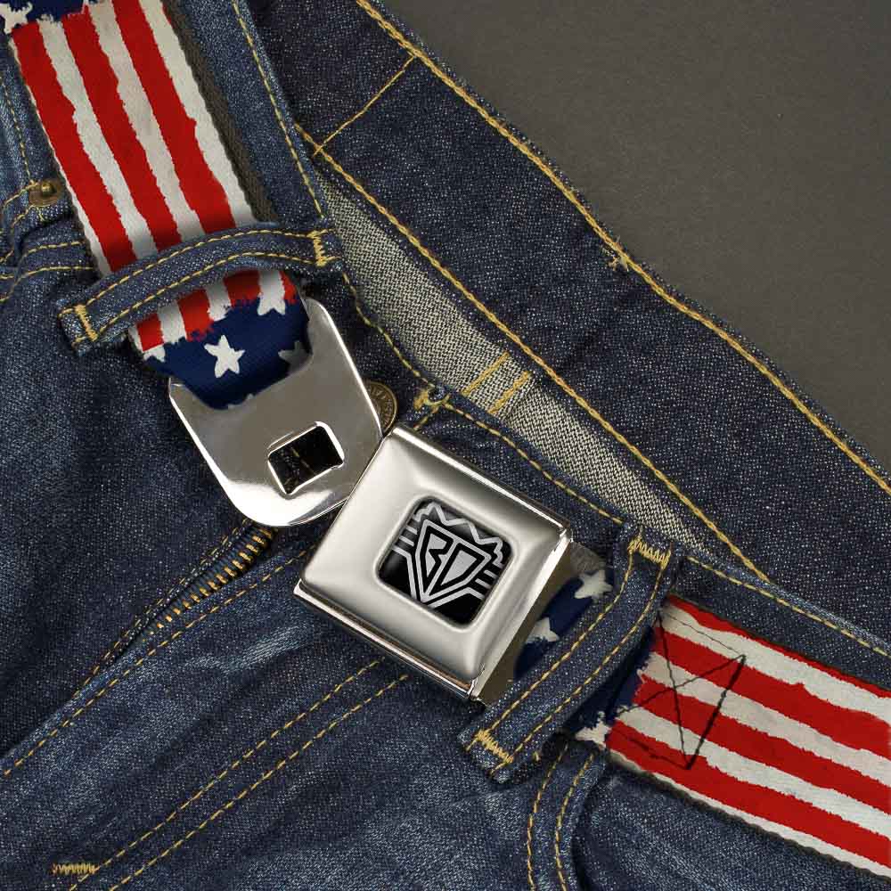 BD Wings Logo CLOSE-UP Full Color Black Silver Seatbelt Belt - Stars & Stripes Painting Webbing Seatbelt Belts Buckle-Down