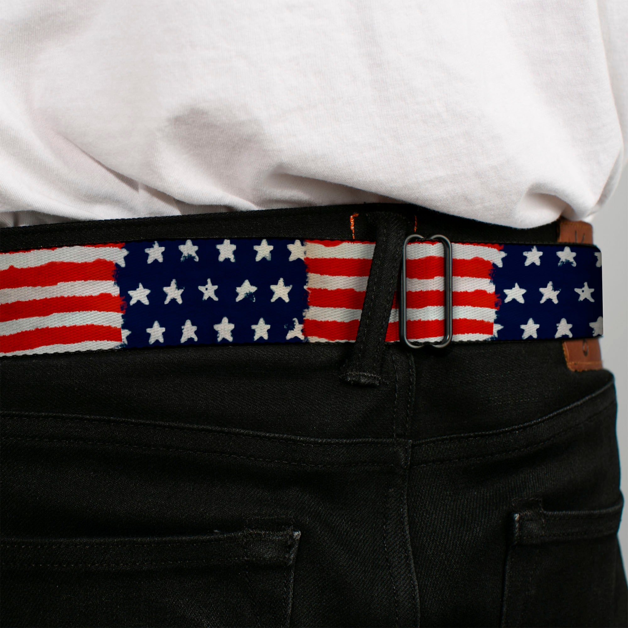 BD Wings Logo CLOSE-UP Full Color Black Silver Seatbelt Belt - Stars & Stripes Painting Webbing Seatbelt Belts Buckle-Down