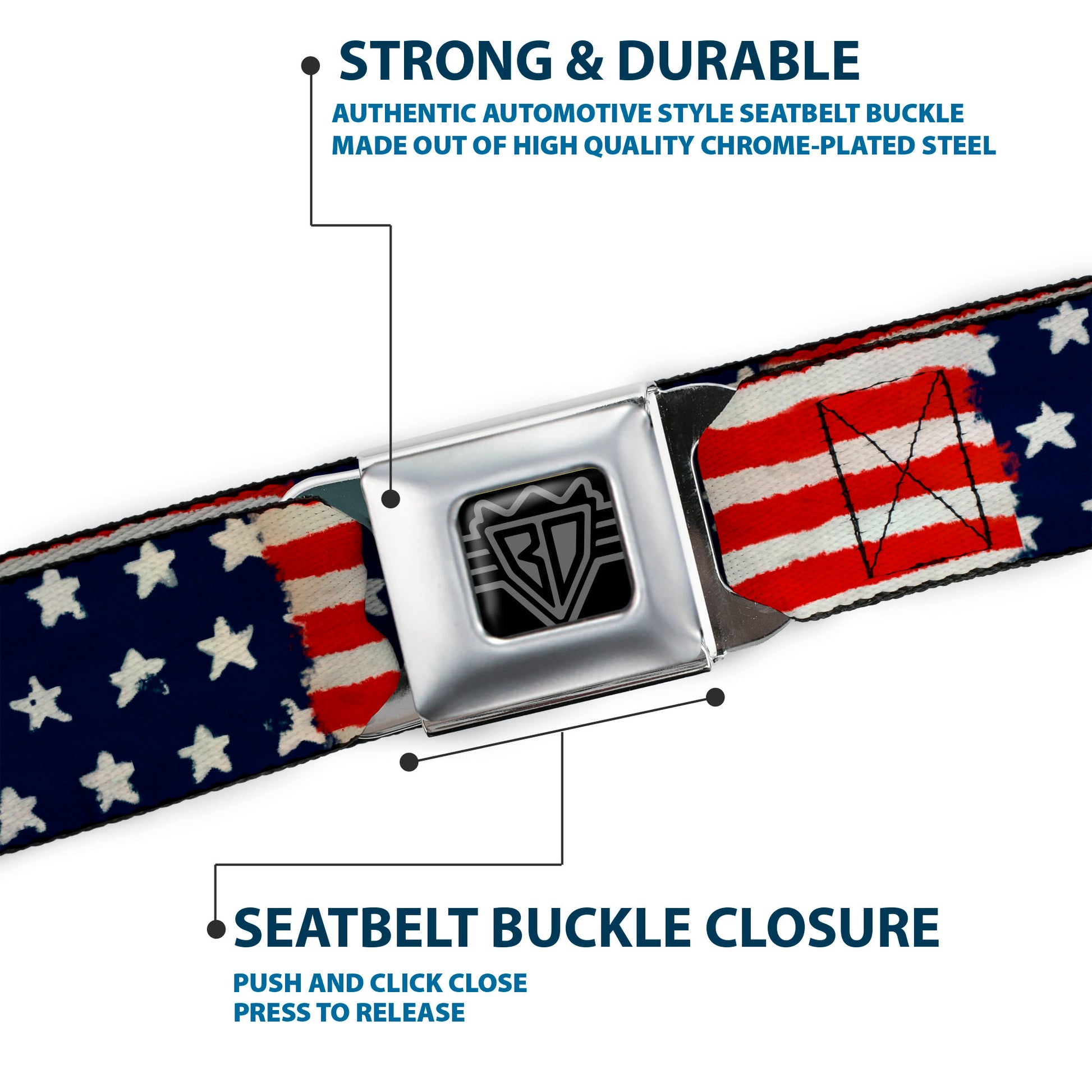 BD Wings Logo CLOSE-UP Full Color Black Silver Seatbelt Belt - Stars & Stripes Painting Webbing Seatbelt Belts Buckle-Down
