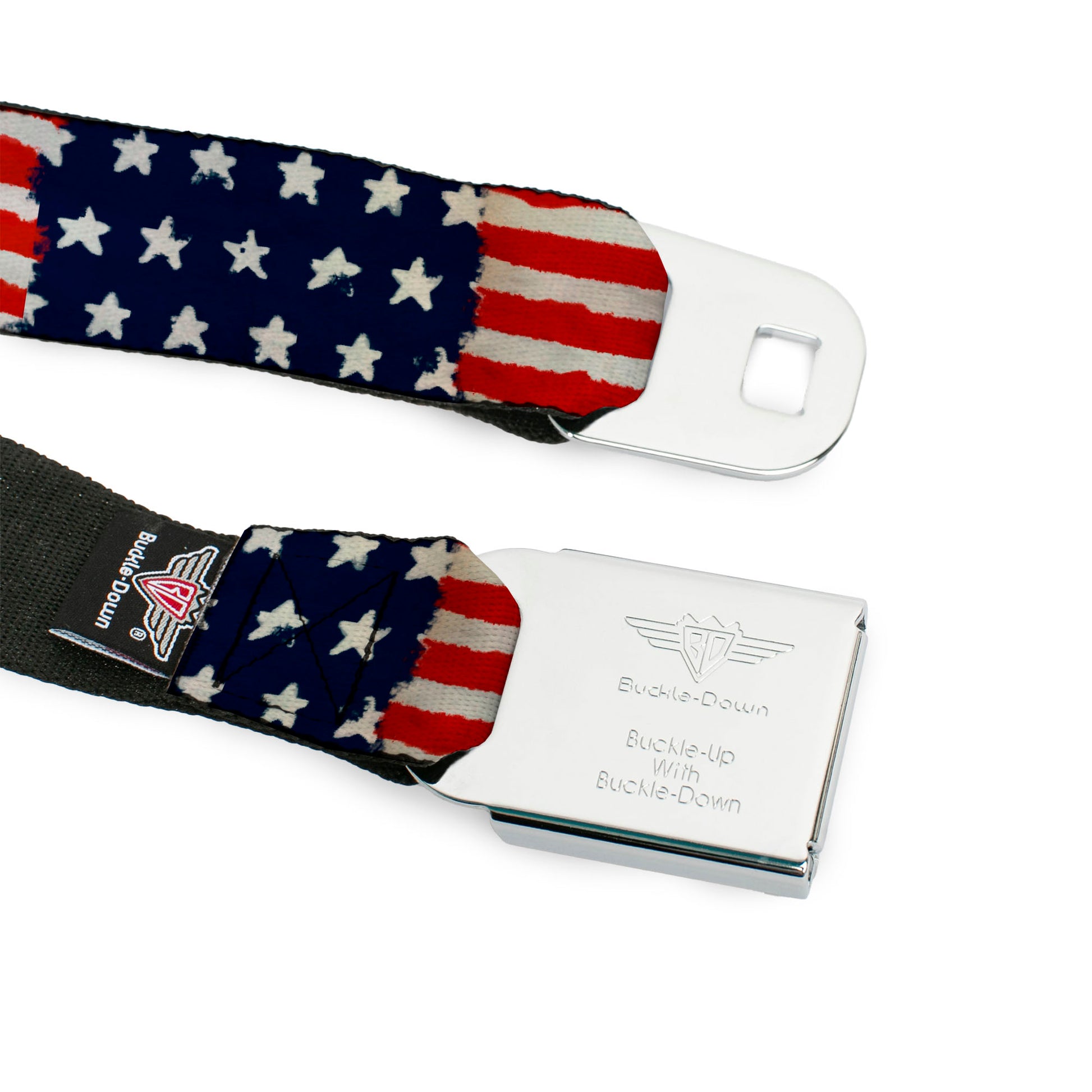 BD Wings Logo CLOSE-UP Full Color Black Silver Seatbelt Belt - Stars & Stripes Painting Webbing Seatbelt Belts Buckle-Down
