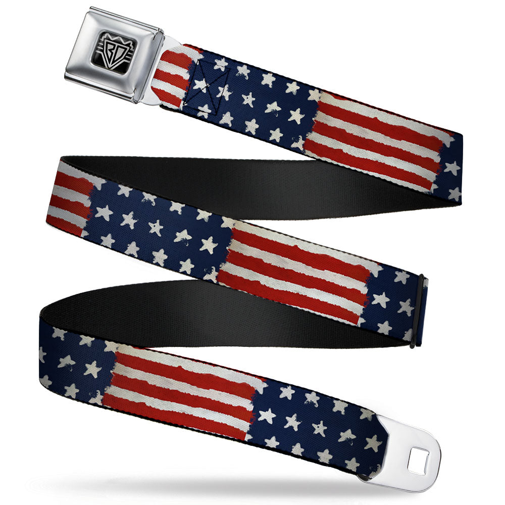 BD Wings Logo CLOSE-UP Full Color Black Silver Seatbelt Belt - Stars & Stripes Painting Webbing Seatbelt Belts Buckle-Down