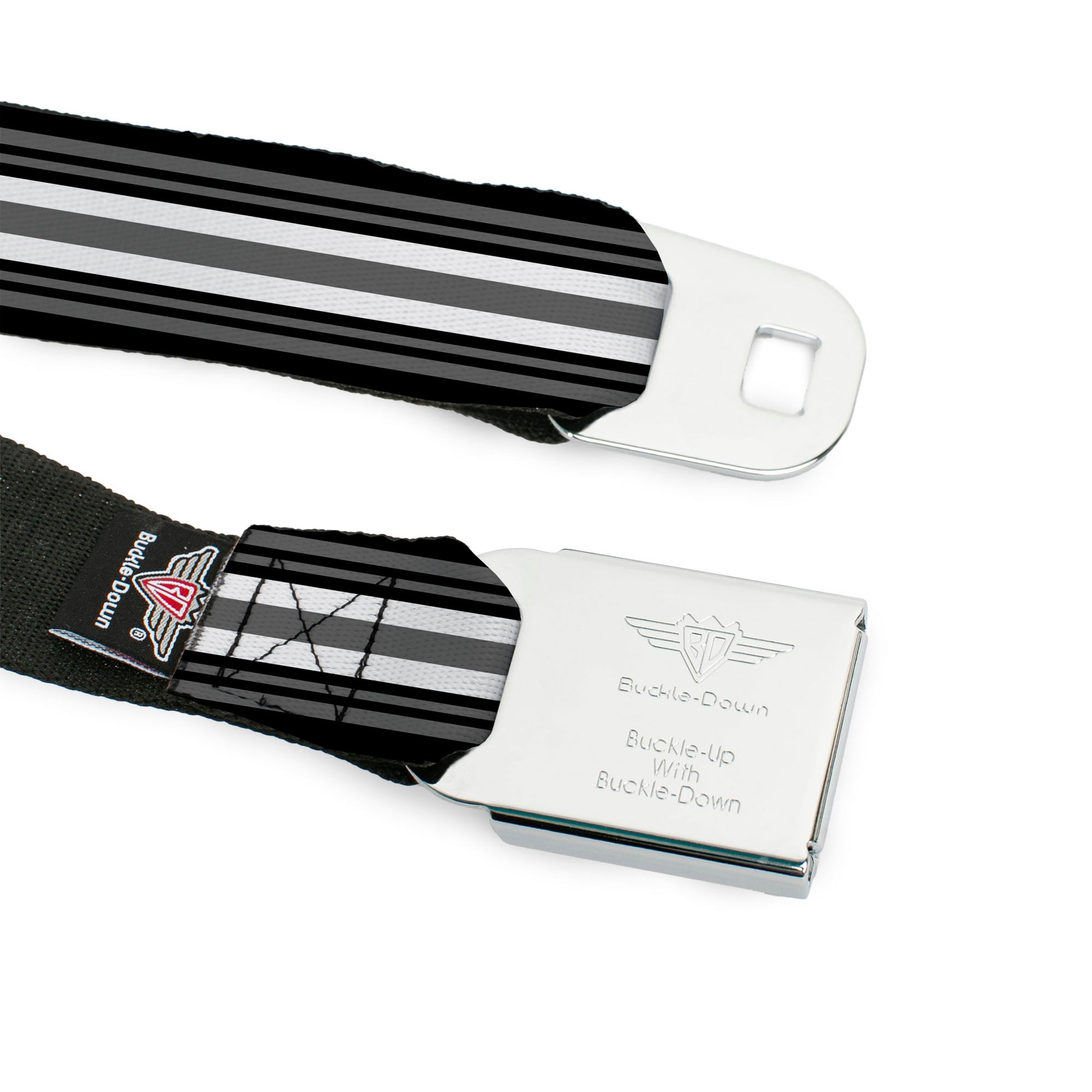 BD Wings Logo CLOSE-UP Full Color Black Silver Seatbelt Belt - Striped Black/Gray/White Webbing Seatbelt Belts Buckle-Down