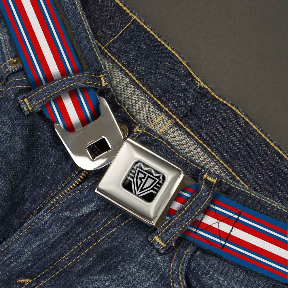 BD Wings Logo CLOSE-UP Full Color Black Silver Seatbelt Belt - Striped Blue/Red/White Webbing Seatbelt Belts Buckle-Down
