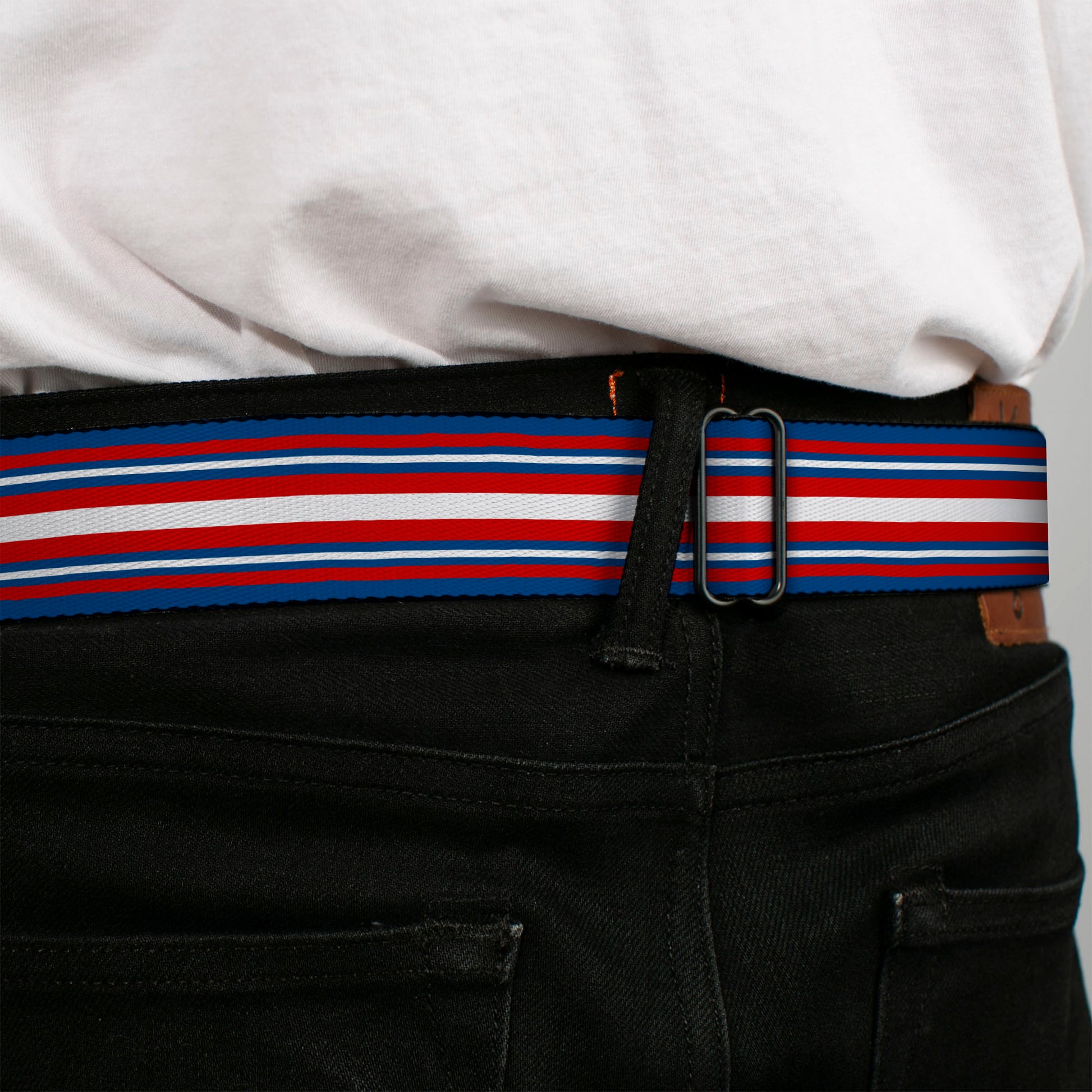 BD Wings Logo CLOSE-UP Full Color Black Silver Seatbelt Belt - Striped Blue/Red/White Webbing Seatbelt Belts Buckle-Down