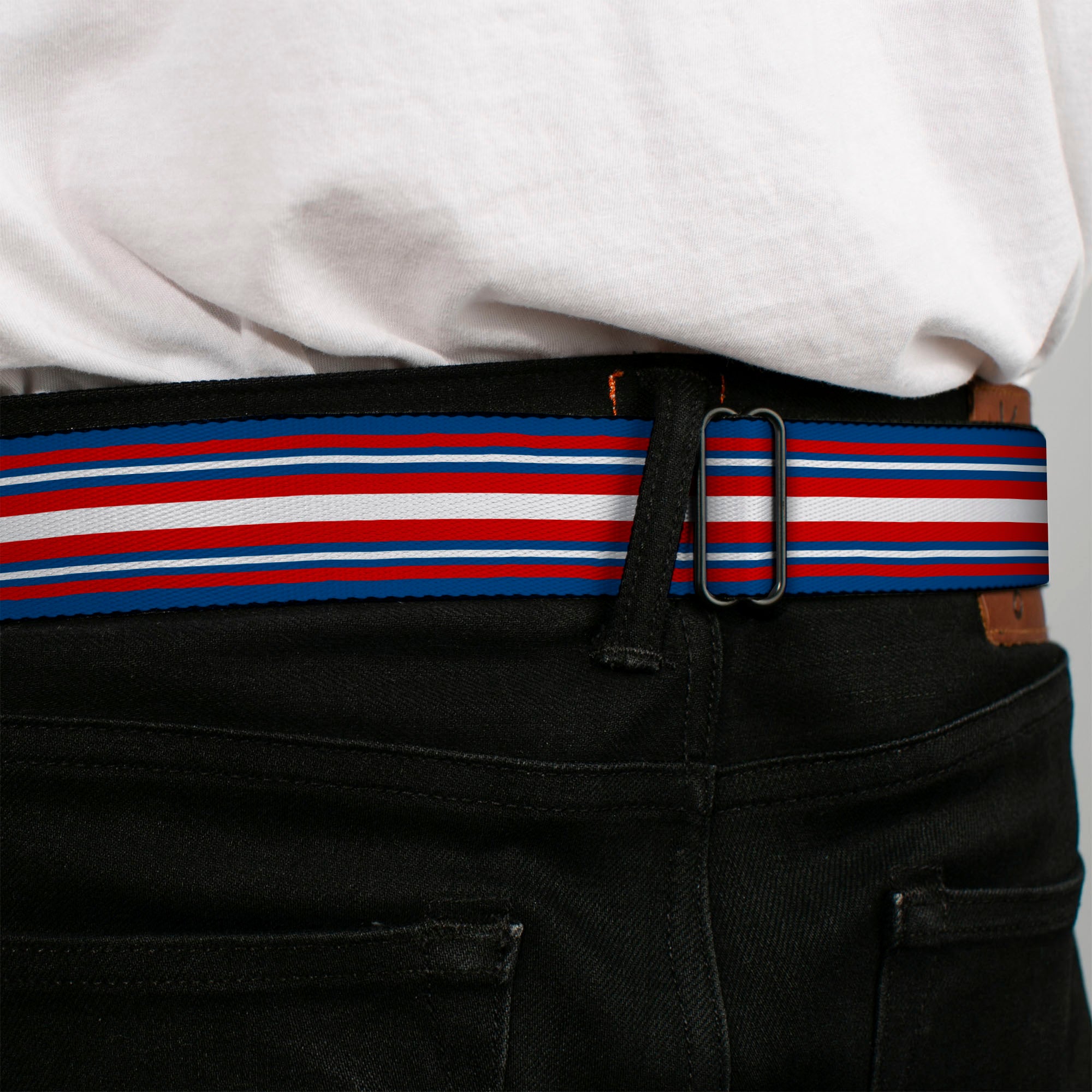 BD Wings Logo CLOSE-UP Full Color Black Silver Seatbelt Belt - Striped Blue/Red/White Webbing Seatbelt Belts Buckle-Down