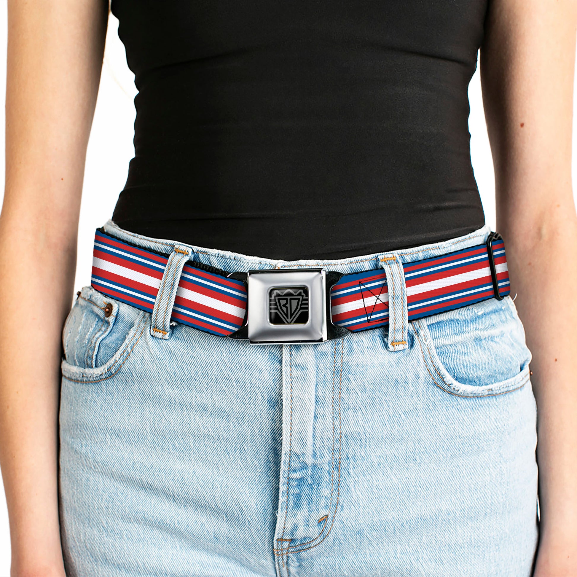 BD Wings Logo CLOSE-UP Full Color Black Silver Seatbelt Belt - Striped Blue/Red/White Webbing Seatbelt Belts Buckle-Down
