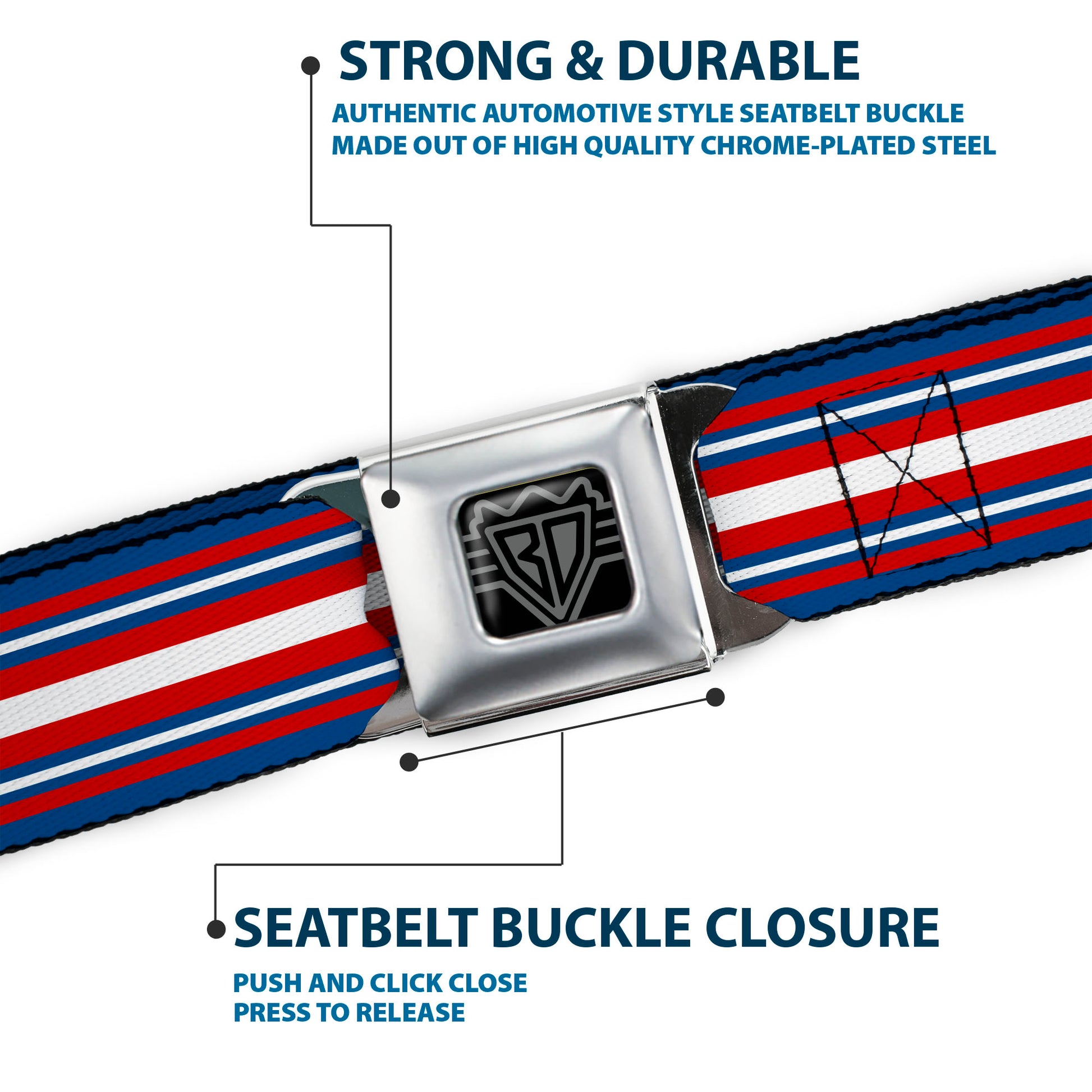 BD Wings Logo CLOSE-UP Full Color Black Silver Seatbelt Belt - Striped Blue/Red/White Webbing Seatbelt Belts Buckle-Down