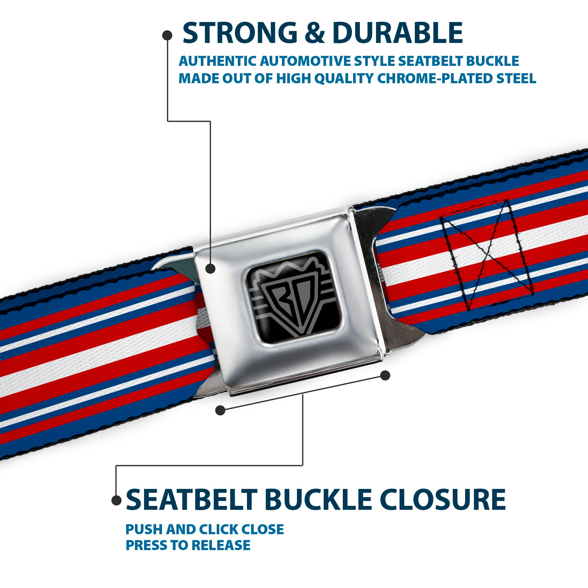 BD Wings Logo CLOSE-UP Full Color Black Silver Seatbelt Belt - Striped Blue/Red/White Webbing Seatbelt Belts Buckle-Down
