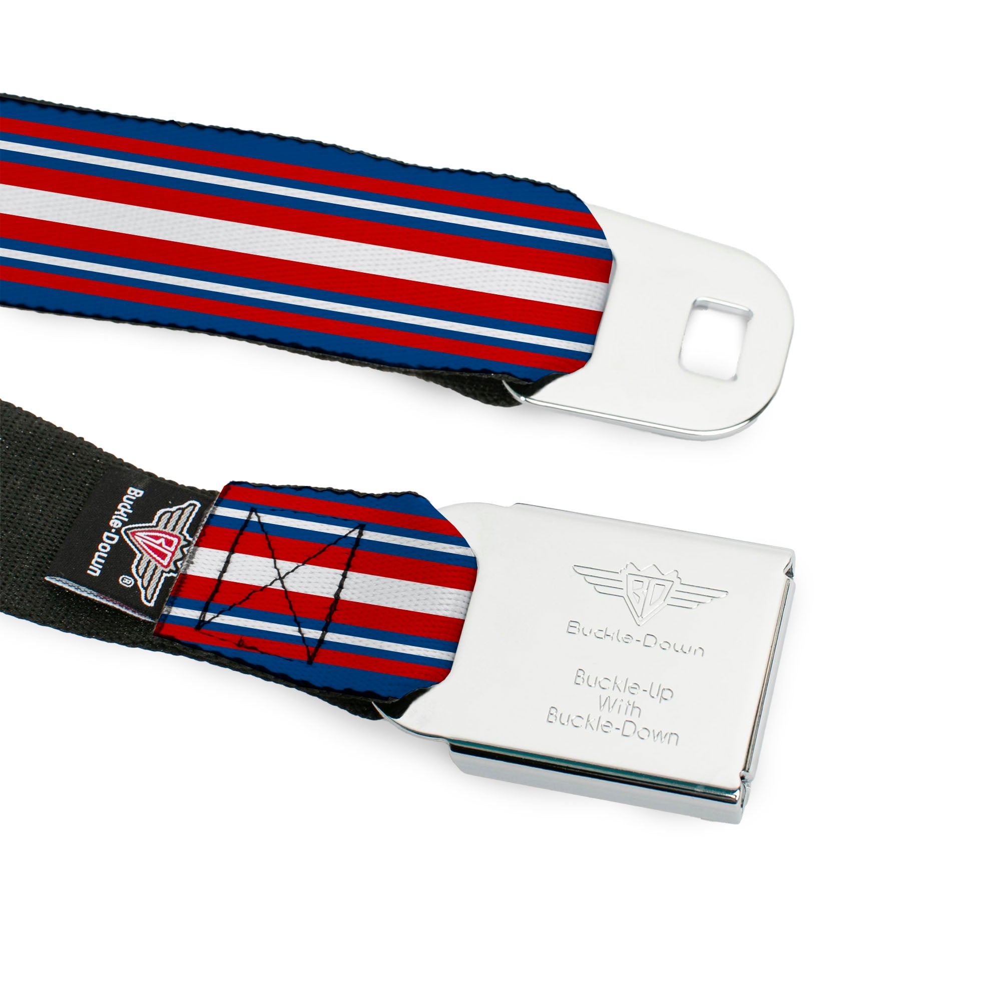 BD Wings Logo CLOSE-UP Full Color Black Silver Seatbelt Belt - Striped Blue/Red/White Webbing Seatbelt Belts Buckle-Down