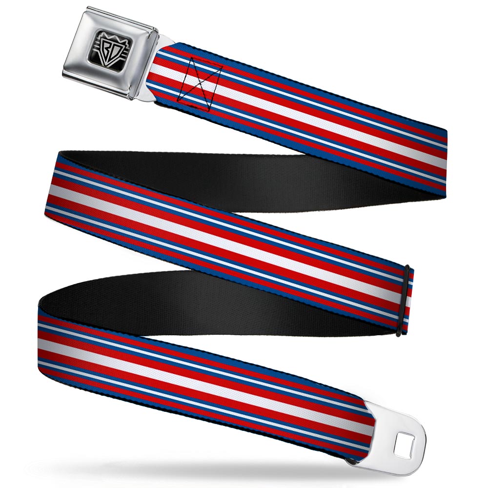 BD Wings Logo CLOSE-UP Full Color Black Silver Seatbelt Belt - Striped Blue/Red/White Webbing Seatbelt Belts Buckle-Down
