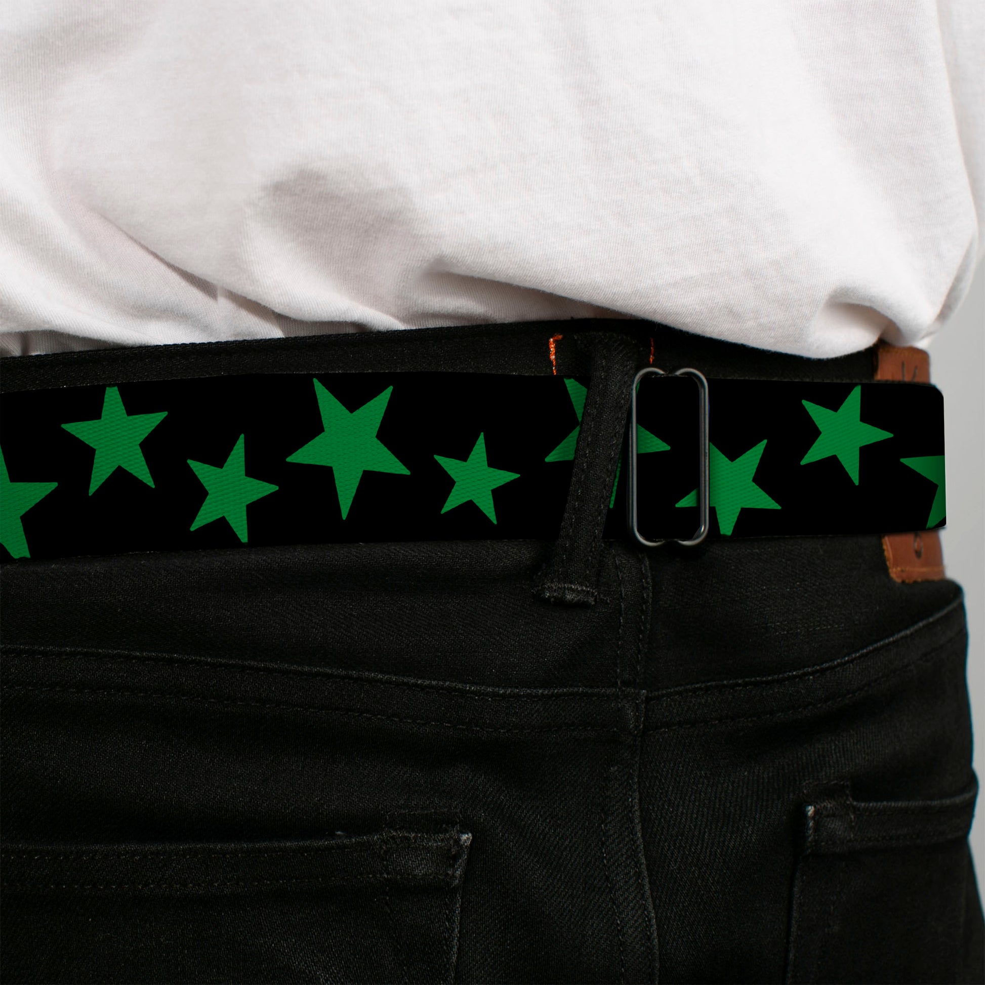 BD Wings Logo CLOSE-UP Full Color Black Silver Seatbelt Belt - Stars Scattered Black/Green Webbing Seatbelt Belts Buckle-Down