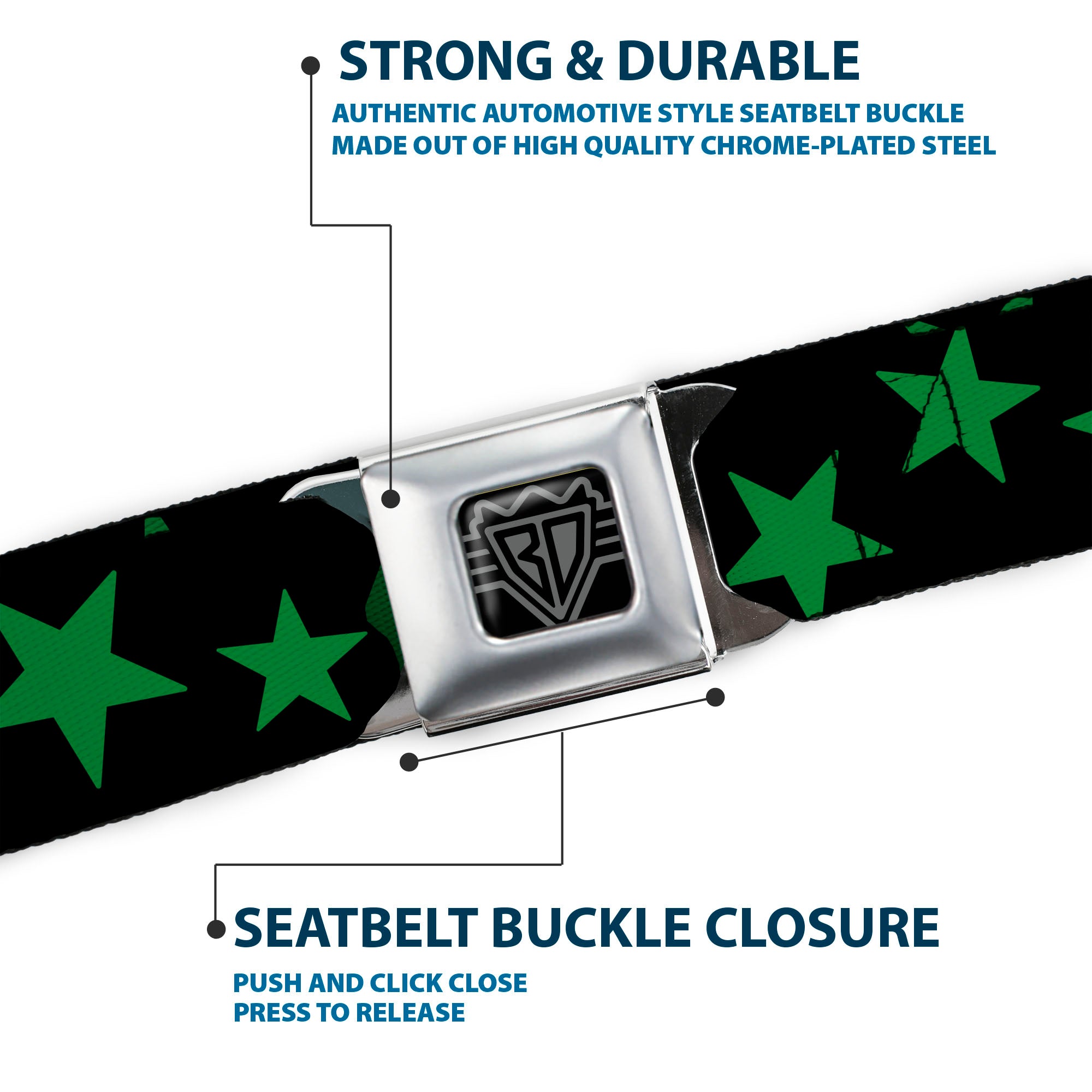 BD Wings Logo CLOSE-UP Full Color Black Silver Seatbelt Belt - Stars Scattered Black/Green Webbing Seatbelt Belts Buckle-Down