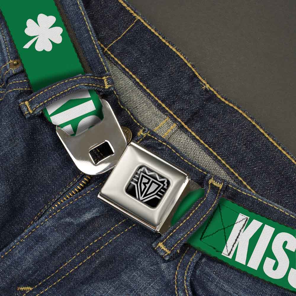 BD Wings Logo CLOSE-UP Full Color Black Silver Seatbelt Belt - St. Pat's KISS ME I'M DRUNK/Shamrock Green/White Webbing Seatbelt Belts Buckle-Down