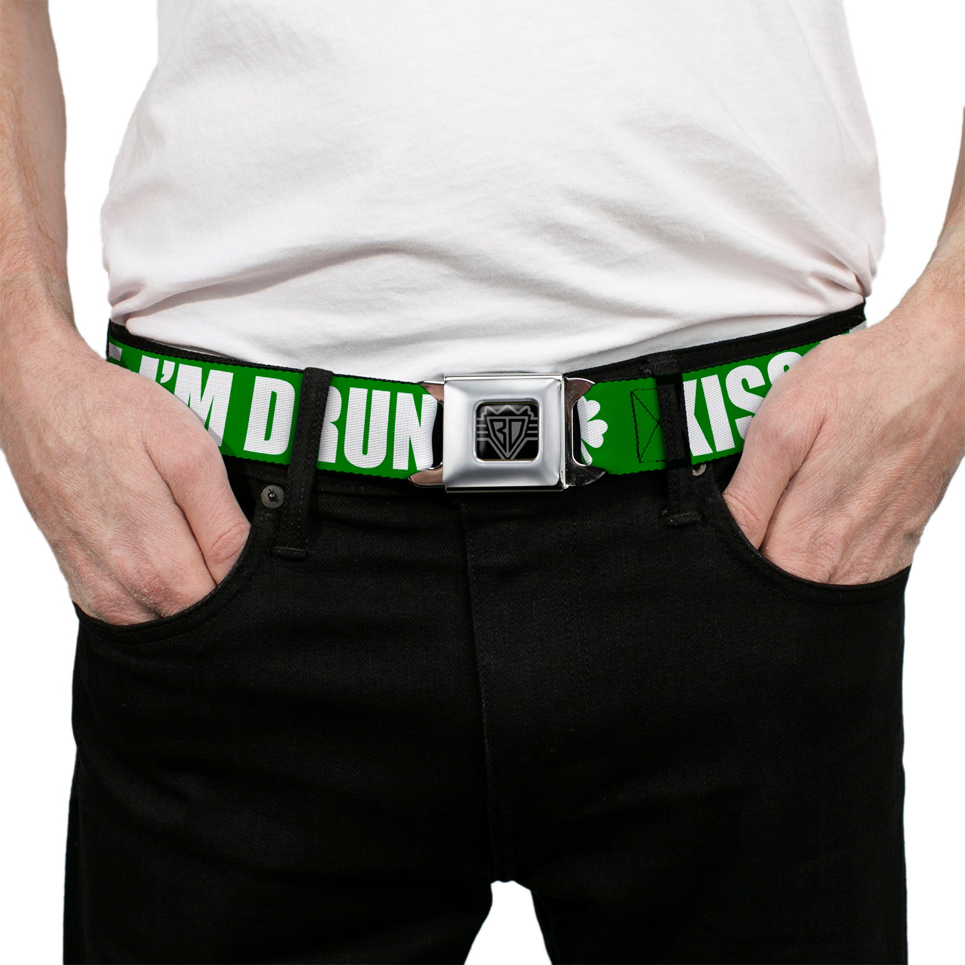 BD Wings Logo CLOSE-UP Full Color Black Silver Seatbelt Belt - St. Pat's KISS ME I'M DRUNK/Shamrock Green/White Webbing Seatbelt Belts Buckle-Down