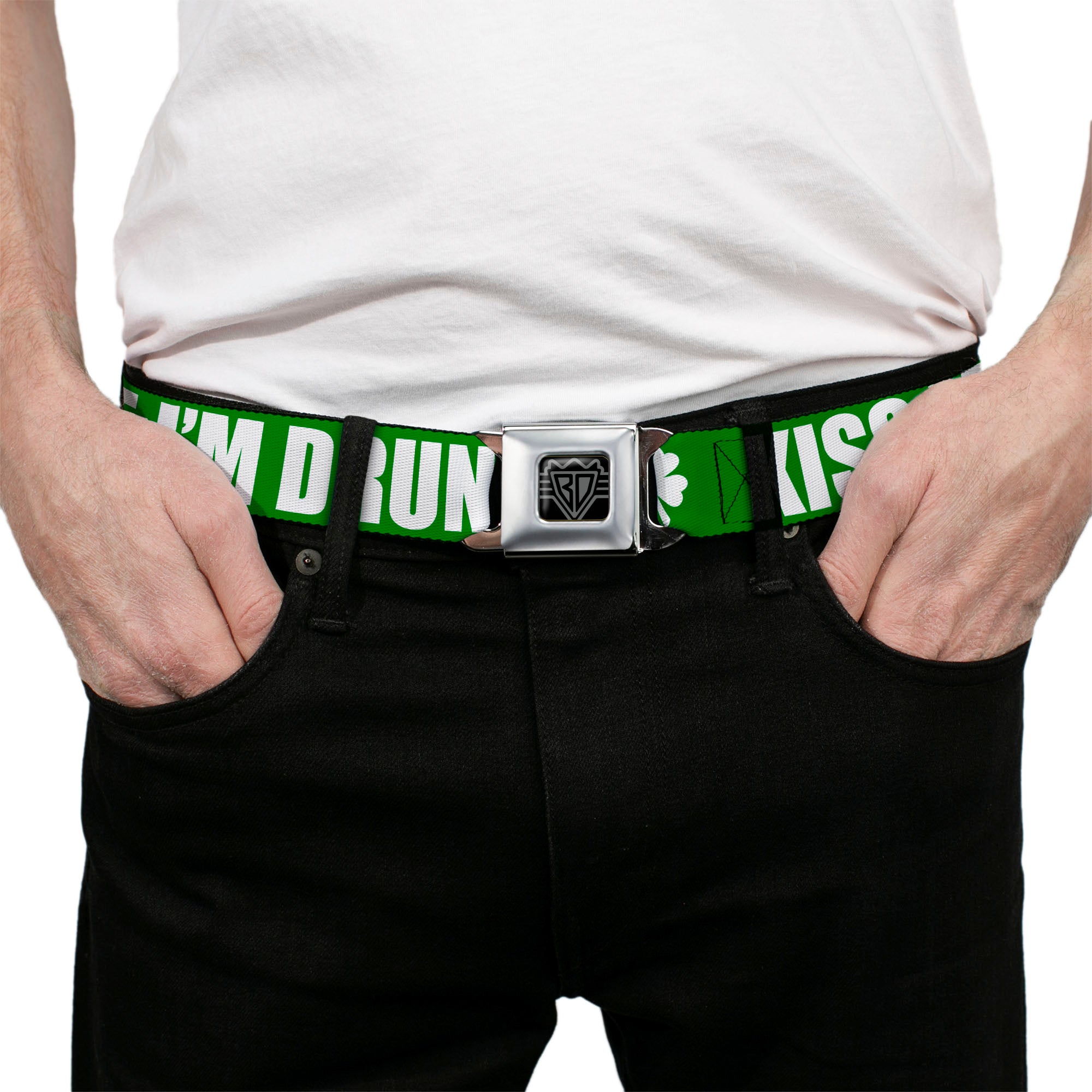 BD Wings Logo CLOSE-UP Full Color Black Silver Seatbelt Belt - St. Pat's KISS ME I'M DRUNK/Shamrock Green/White Webbing Seatbelt Belts Buckle-Down