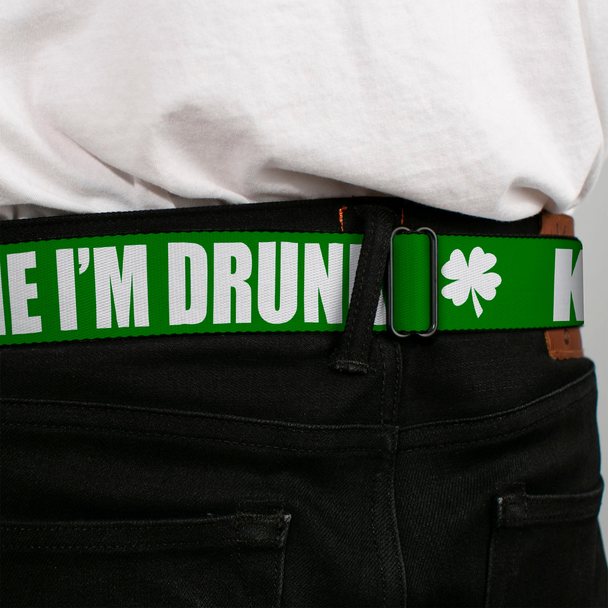 BD Wings Logo CLOSE-UP Full Color Black Silver Seatbelt Belt - St. Pat's KISS ME I'M DRUNK/Shamrock Green/White Webbing Seatbelt Belts Buckle-Down