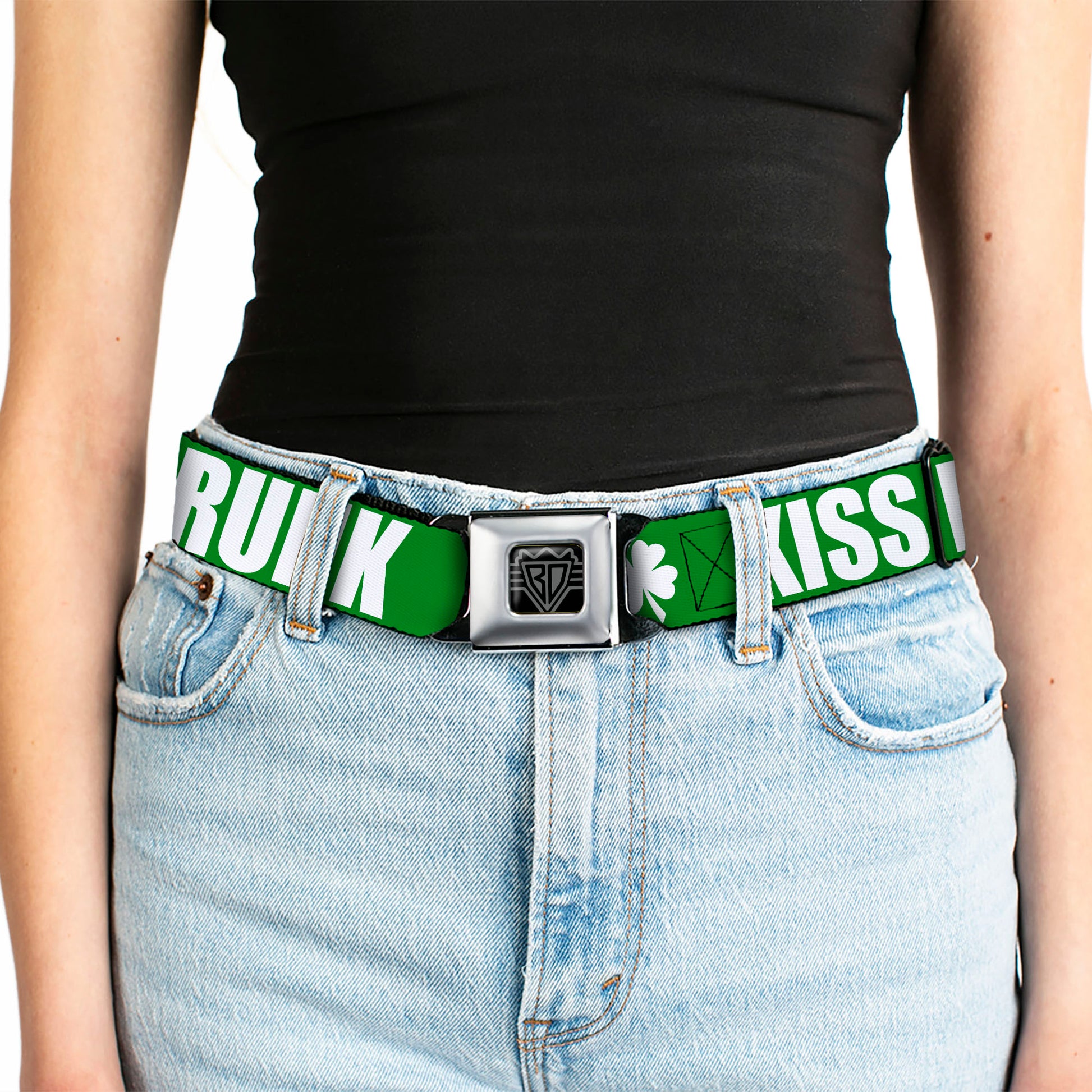 BD Wings Logo CLOSE-UP Full Color Black Silver Seatbelt Belt - St. Pat's KISS ME I'M DRUNK/Shamrock Green/White Webbing Seatbelt Belts Buckle-Down