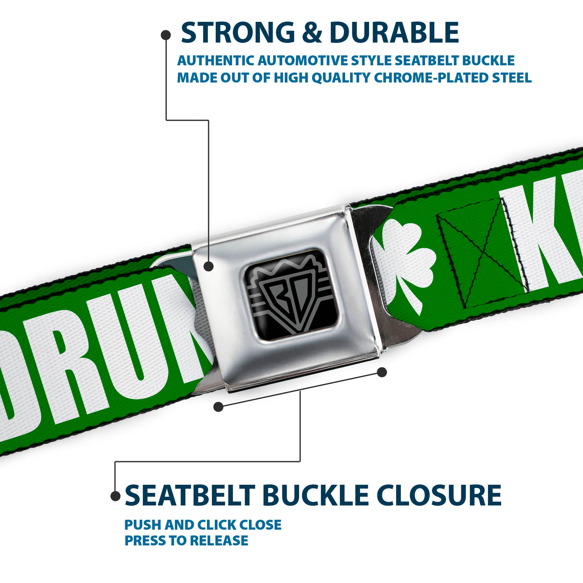 BD Wings Logo CLOSE-UP Full Color Black Silver Seatbelt Belt - St. Pat's KISS ME I'M DRUNK/Shamrock Green/White Webbing Seatbelt Belts Buckle-Down