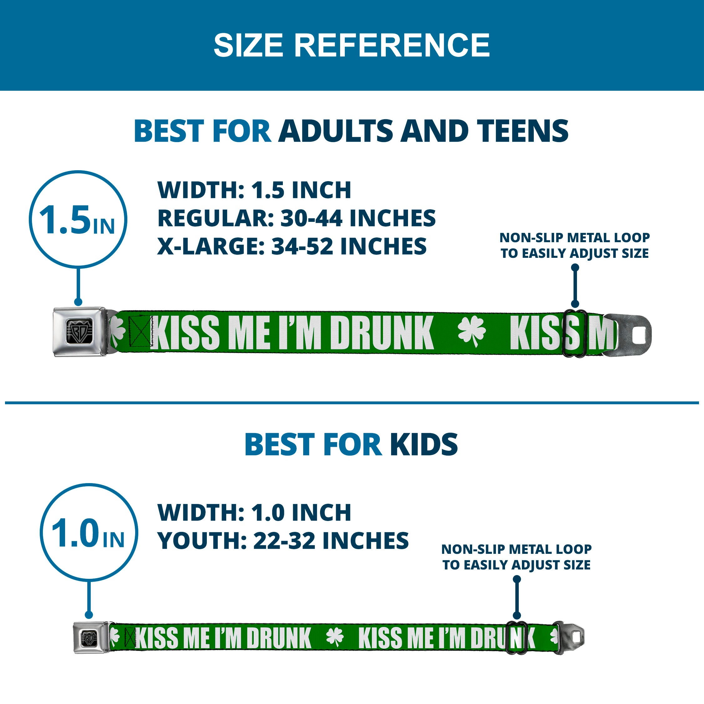 BD Wings Logo CLOSE-UP Full Color Black Silver Seatbelt Belt - St. Pat's KISS ME I'M DRUNK/Shamrock Green/White Webbing Seatbelt Belts Buckle-Down