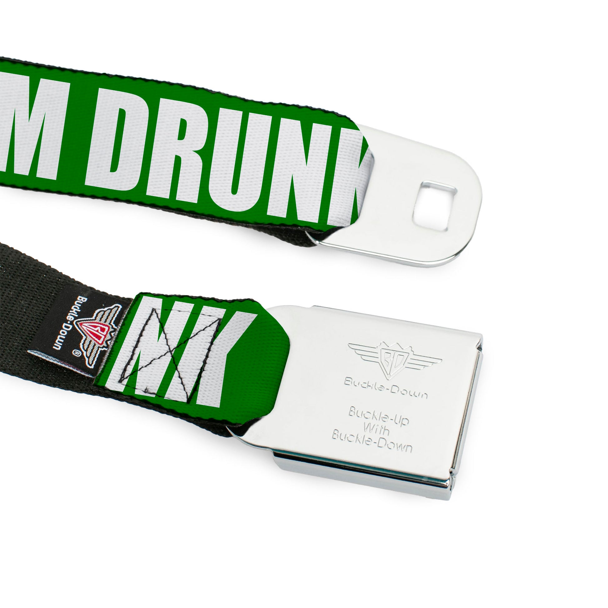 BD Wings Logo CLOSE-UP Full Color Black Silver Seatbelt Belt - St. Pat's KISS ME I'M DRUNK/Shamrock Green/White Webbing Seatbelt Belts Buckle-Down