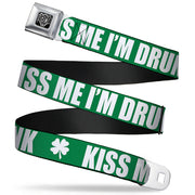 BD Wings Logo CLOSE-UP Full Color Black Silver Seatbelt Belt - St. Pat's KISS ME I'M DRUNK/Shamrock Green/White Webbing Seatbelt Belts Buckle-Down