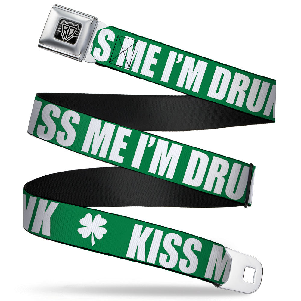 BD Wings Logo CLOSE-UP Full Color Black Silver Seatbelt Belt - St. Pat's KISS ME I'M DRUNK/Shamrock Green/White Webbing Seatbelt Belts Buckle-Down