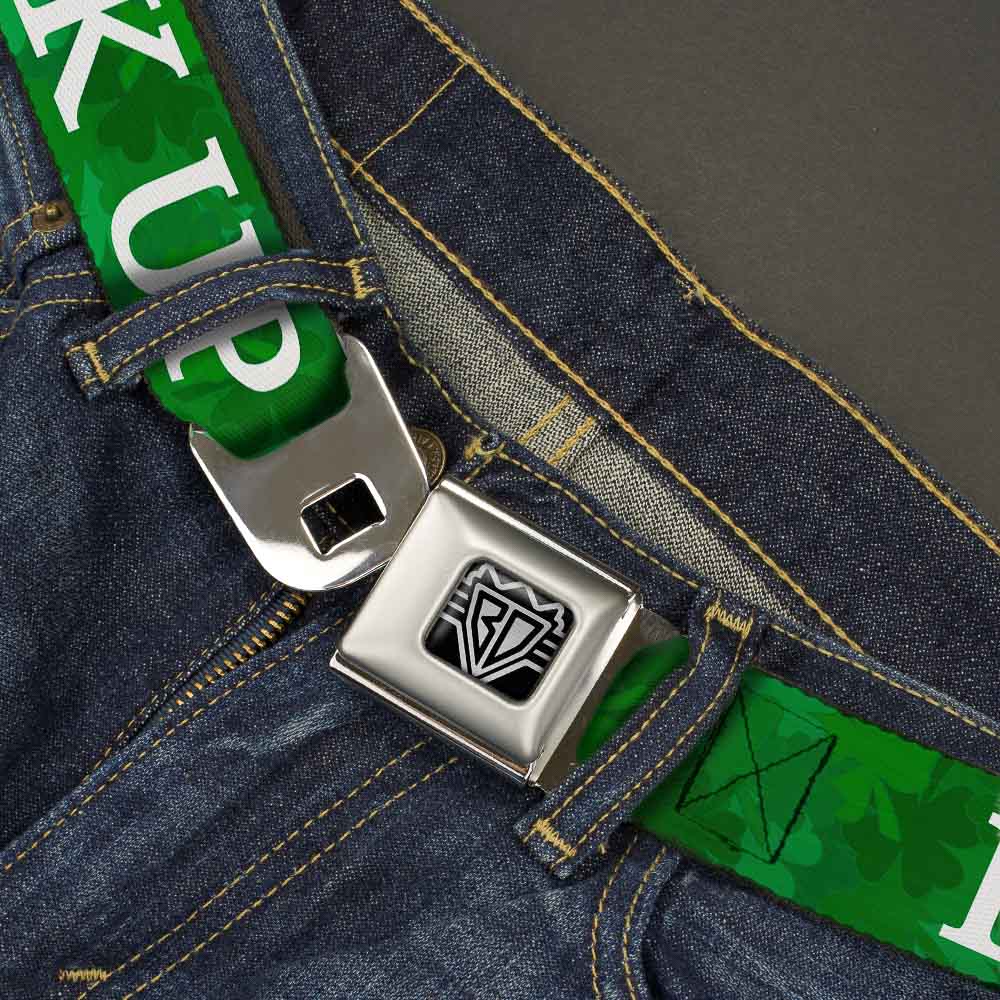 BD Wings Logo CLOSE-UP Full Color Black Silver Seatbelt Belt - St. Pat's DRINK UP BITCHES/Stacked Shamrocks Greens/White Webbing Seatbelt Belts Buckle-Down