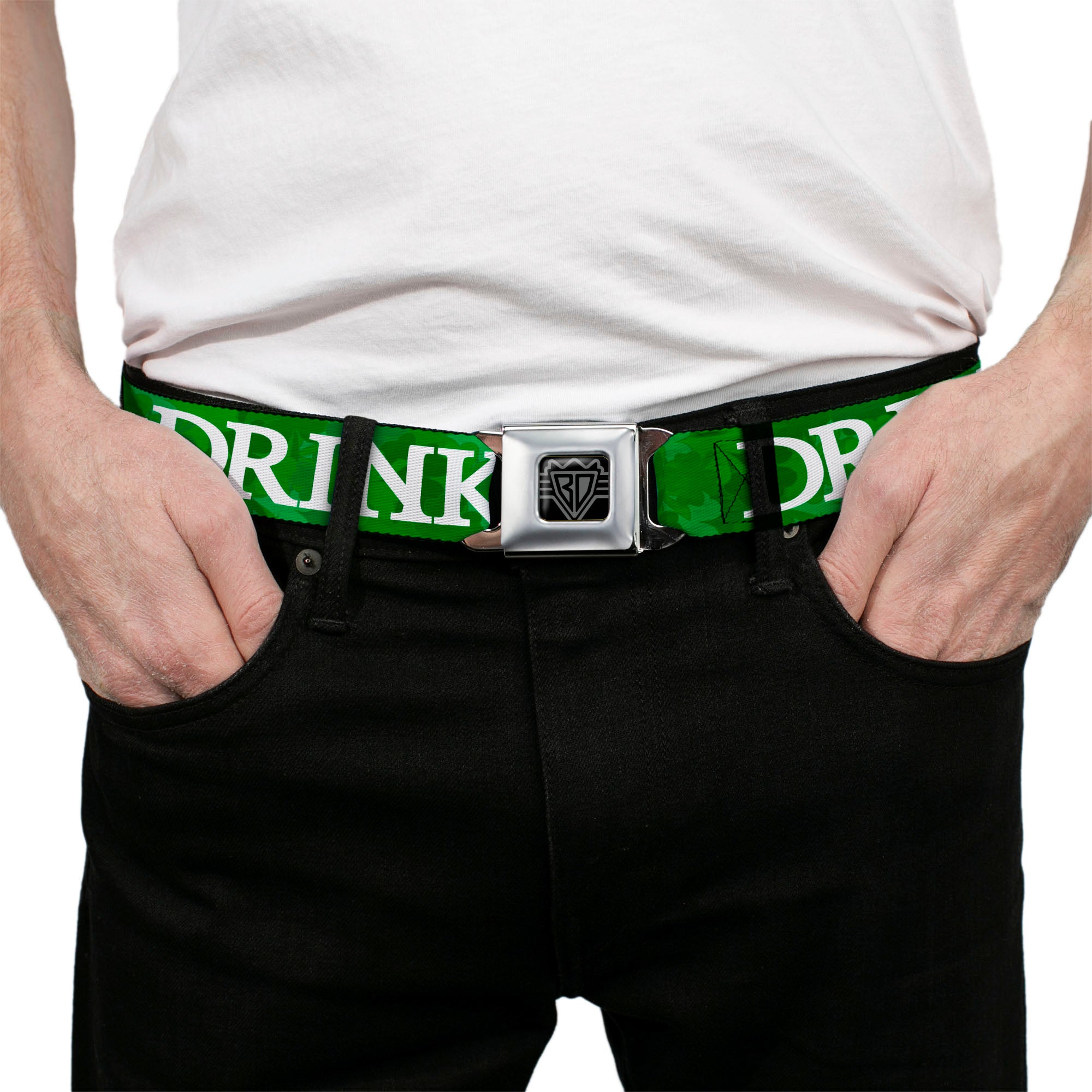 BD Wings Logo CLOSE-UP Full Color Black Silver Seatbelt Belt - St. Pat's DRINK UP BITCHES/Stacked Shamrocks Greens/White Webbing Seatbelt Belts Buckle-Down