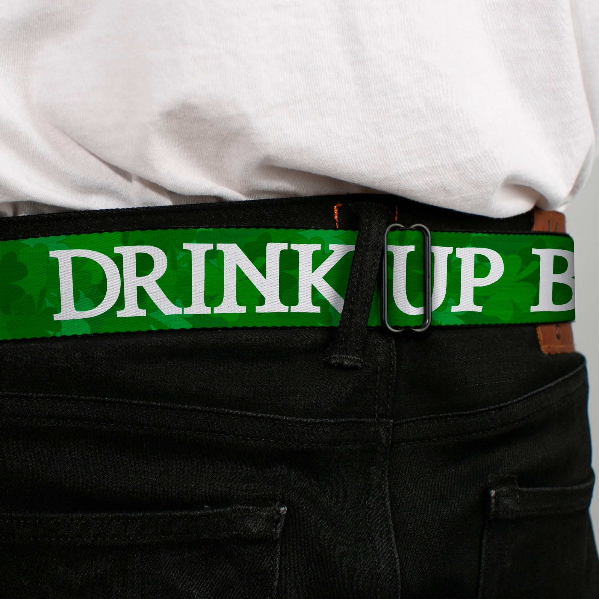 BD Wings Logo CLOSE-UP Full Color Black Silver Seatbelt Belt - St. Pat's DRINK UP BITCHES/Stacked Shamrocks Greens/White Webbing Seatbelt Belts Buckle-Down