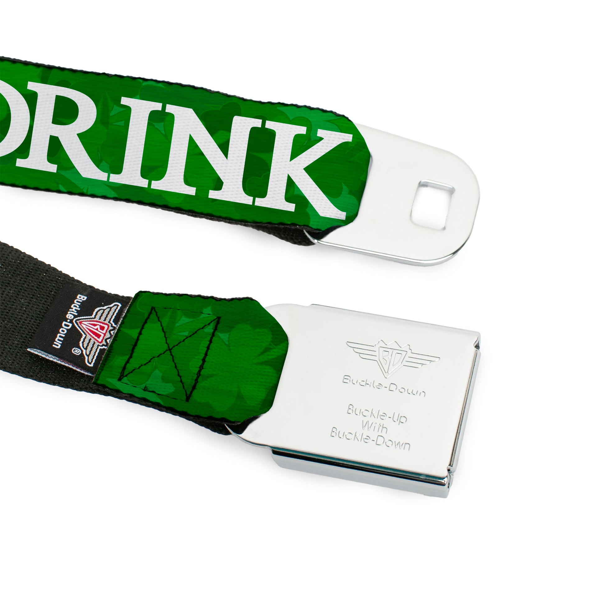 BD Wings Logo CLOSE-UP Full Color Black Silver Seatbelt Belt - St. Pat's DRINK UP BITCHES/Stacked Shamrocks Greens/White Webbing Seatbelt Belts Buckle-Down
