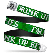BD Wings Logo CLOSE-UP Full Color Black Silver Seatbelt Belt - St. Pat's DRINK UP BITCHES/Stacked Shamrocks Greens/White Webbing Seatbelt Belts Buckle-Down