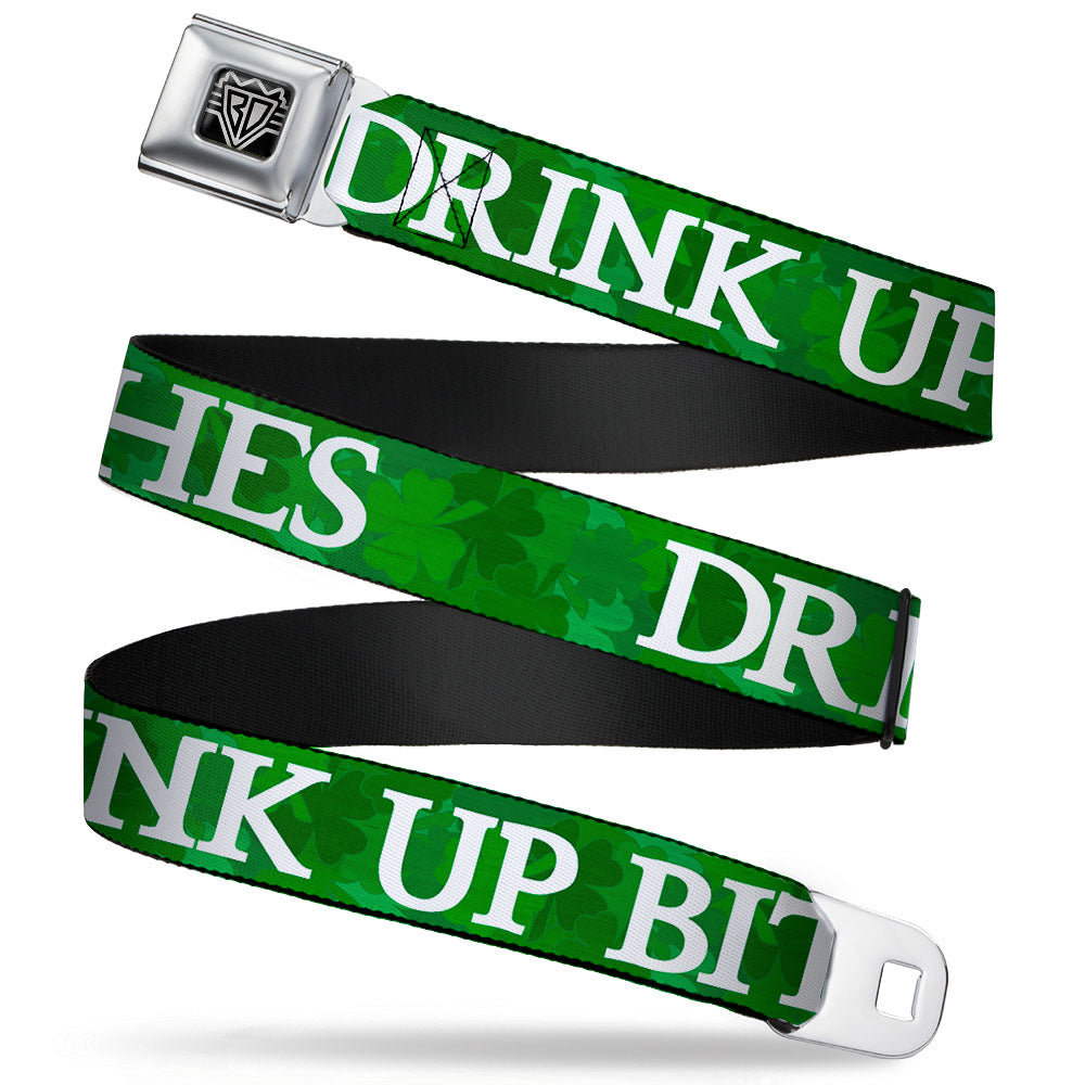 BD Wings Logo CLOSE-UP Full Color Black Silver Seatbelt Belt - St. Pat's DRINK UP BITCHES/Stacked Shamrocks Greens/White Webbing Seatbelt Belts Buckle-Down