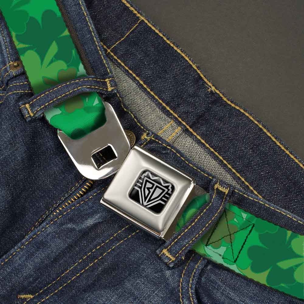 BD Wings Logo CLOSE-UP Full Color Black Silver Seatbelt Belt - St. Pat's Stacked Shamrocks Greens Webbing Seatbelt Belts Buckle-Down